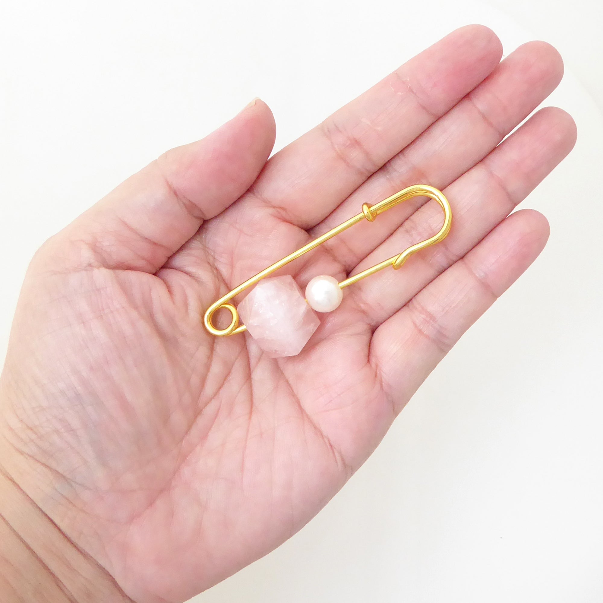 Rose quartz and pearl safety pin brooch by Jenny Dayco 6