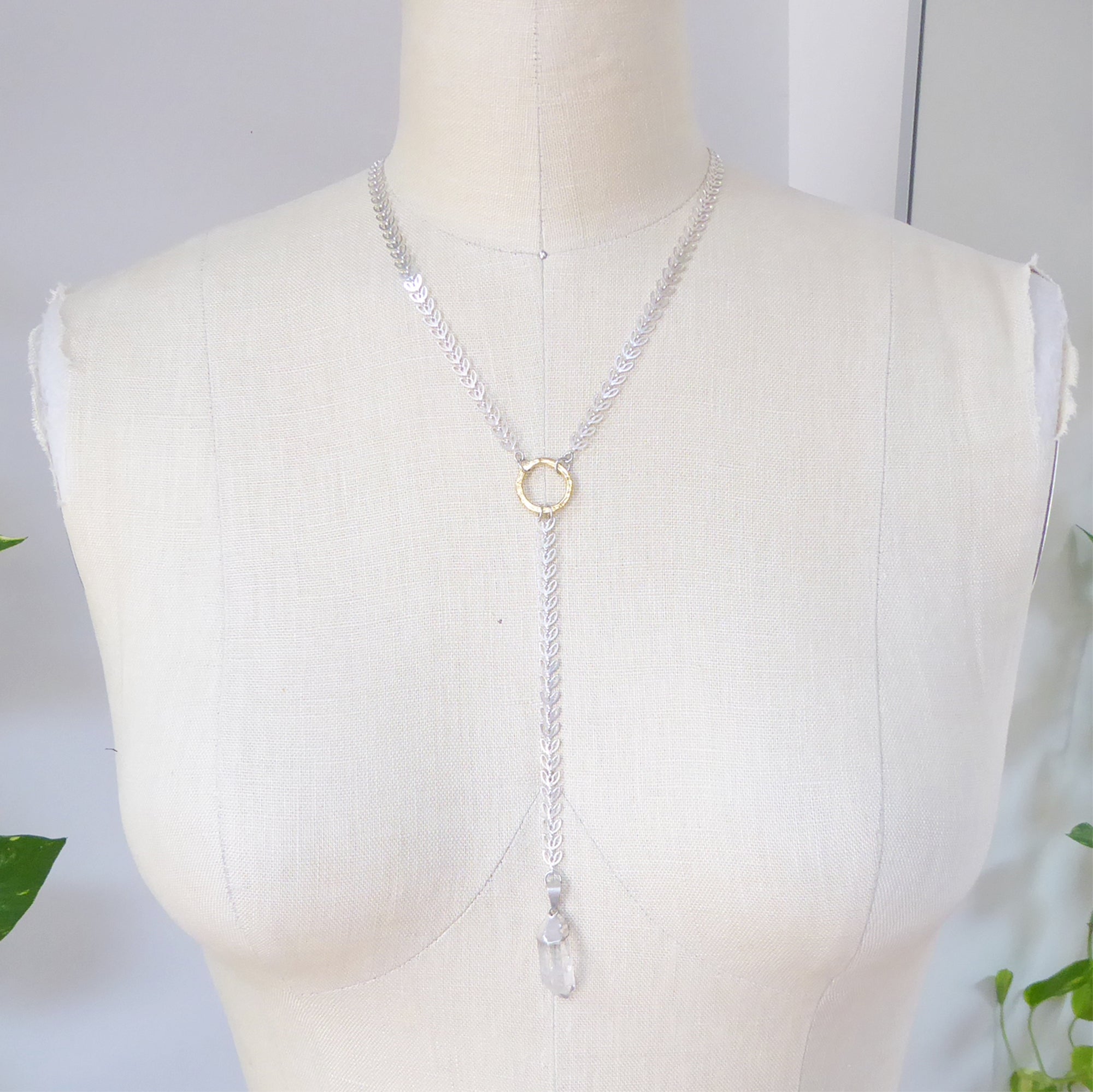 Silver leaf and quartz Y necklace by Jenny Dayco 9