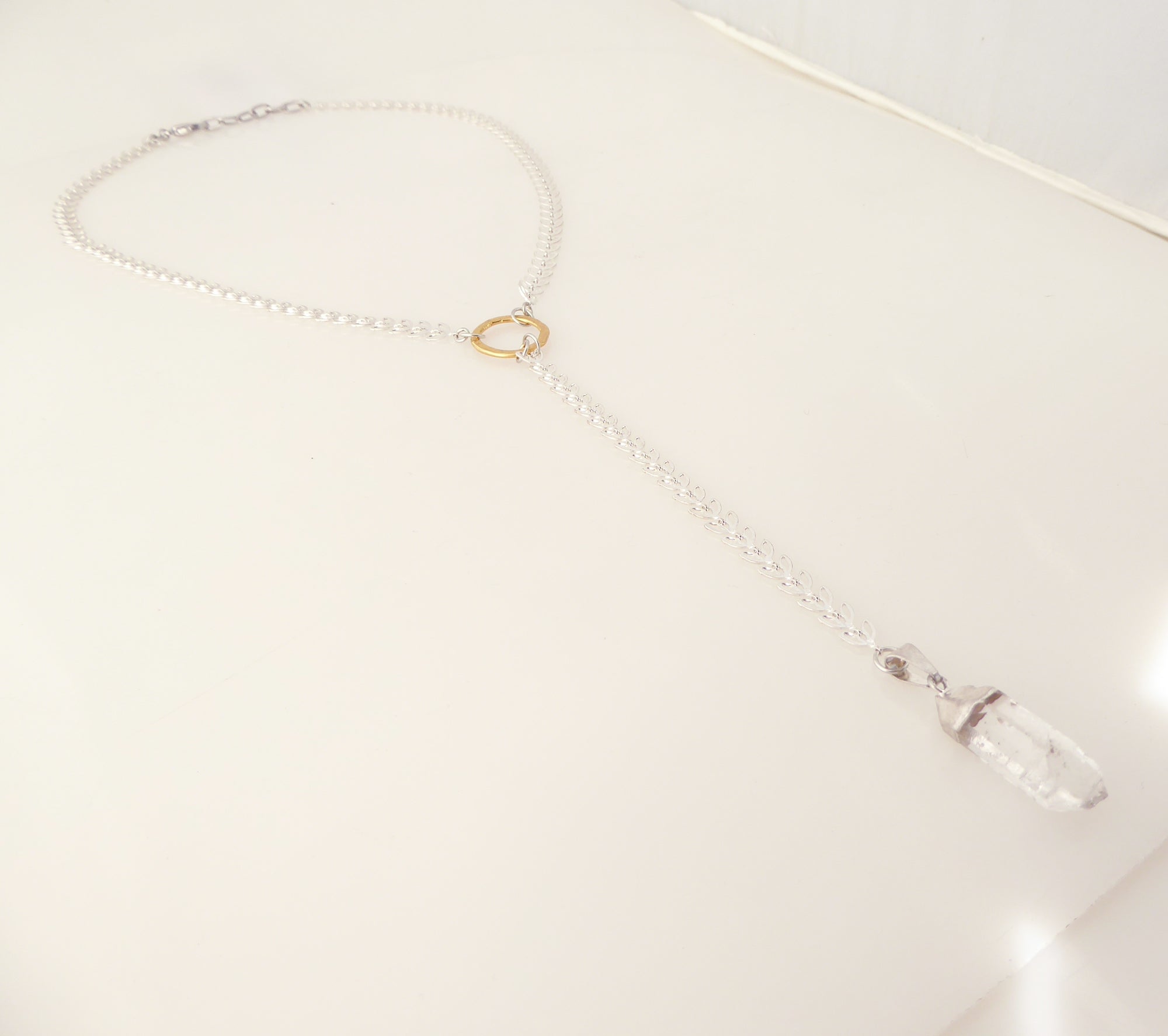 Silver leaf and quartz Y necklace by Jenny Dayco 2