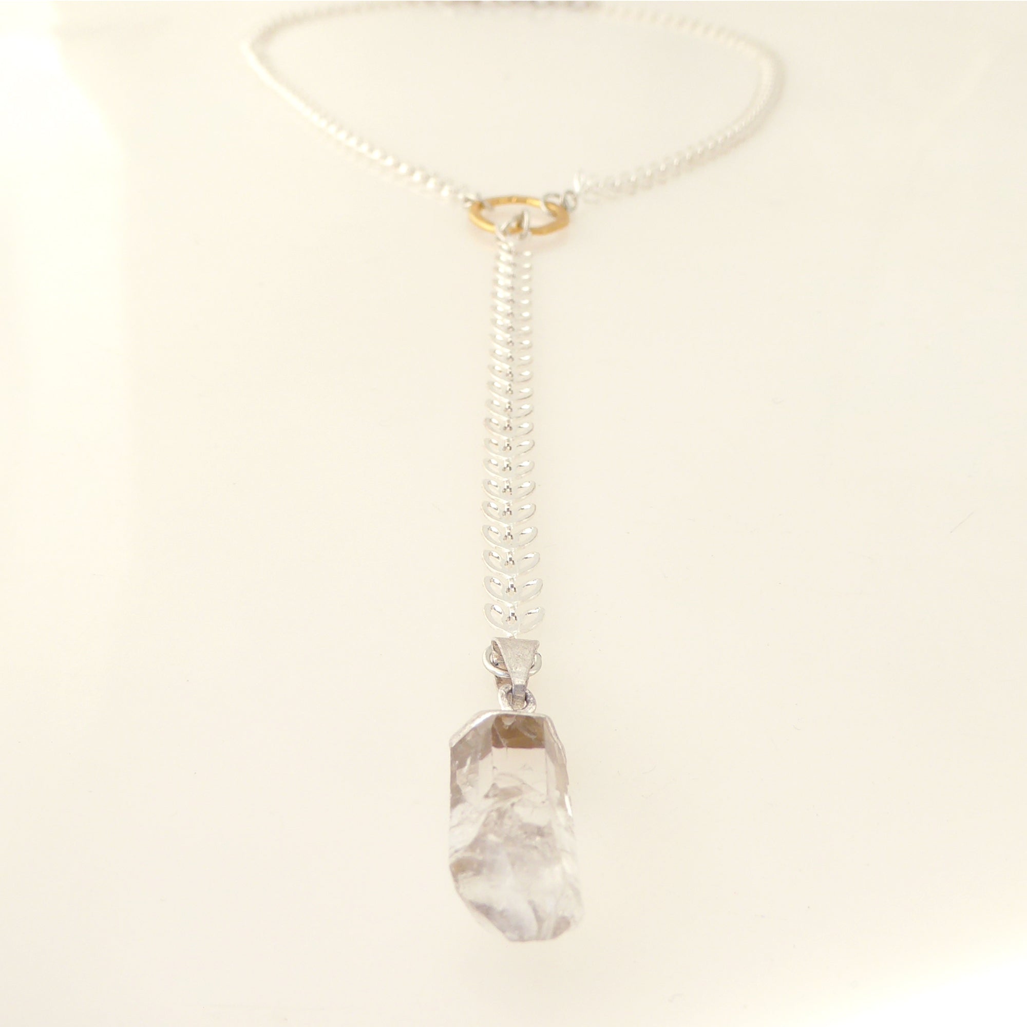 Silver leaf and quartz Y necklace by Jenny Dayco 3