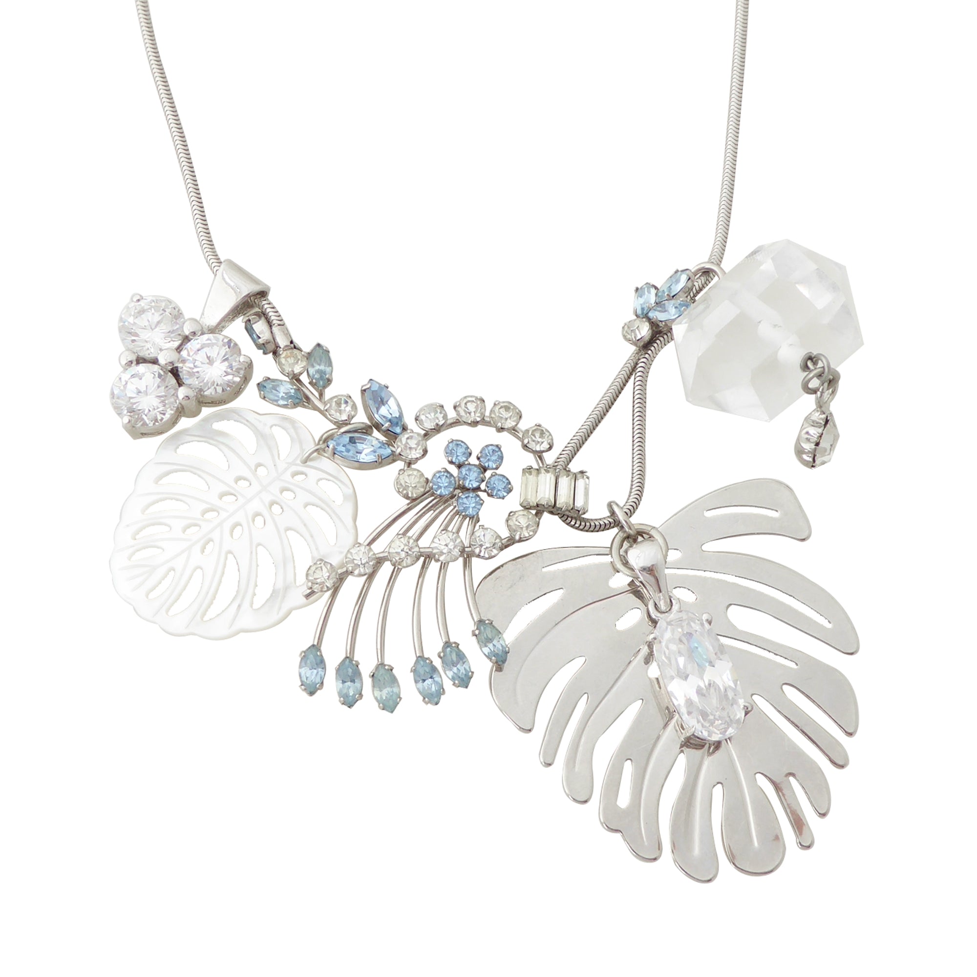 Silver monstera leaf cluster necklace by Jenny Dayco 1