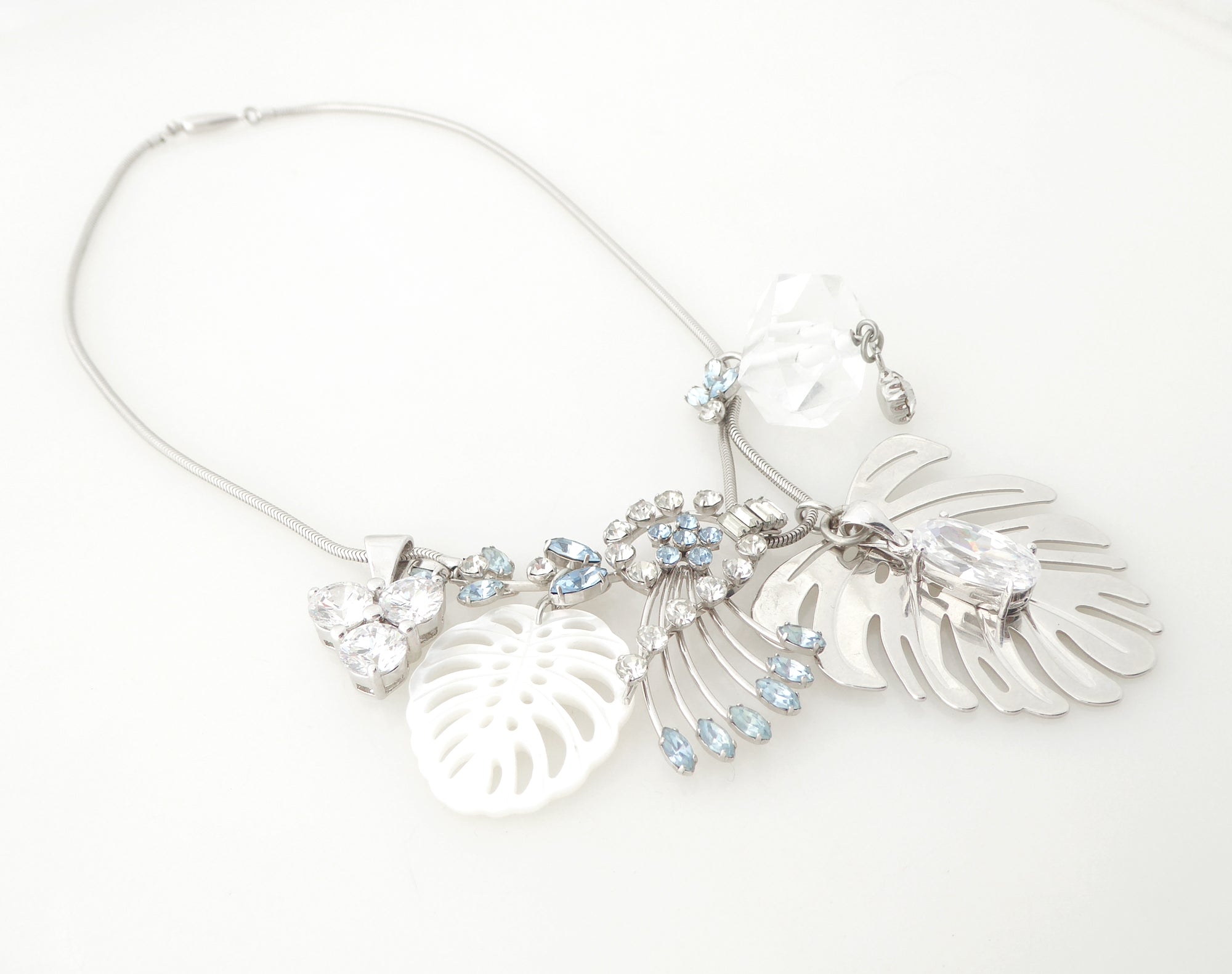 Silver monstera leaf cluster necklace by Jenny Dayco 2