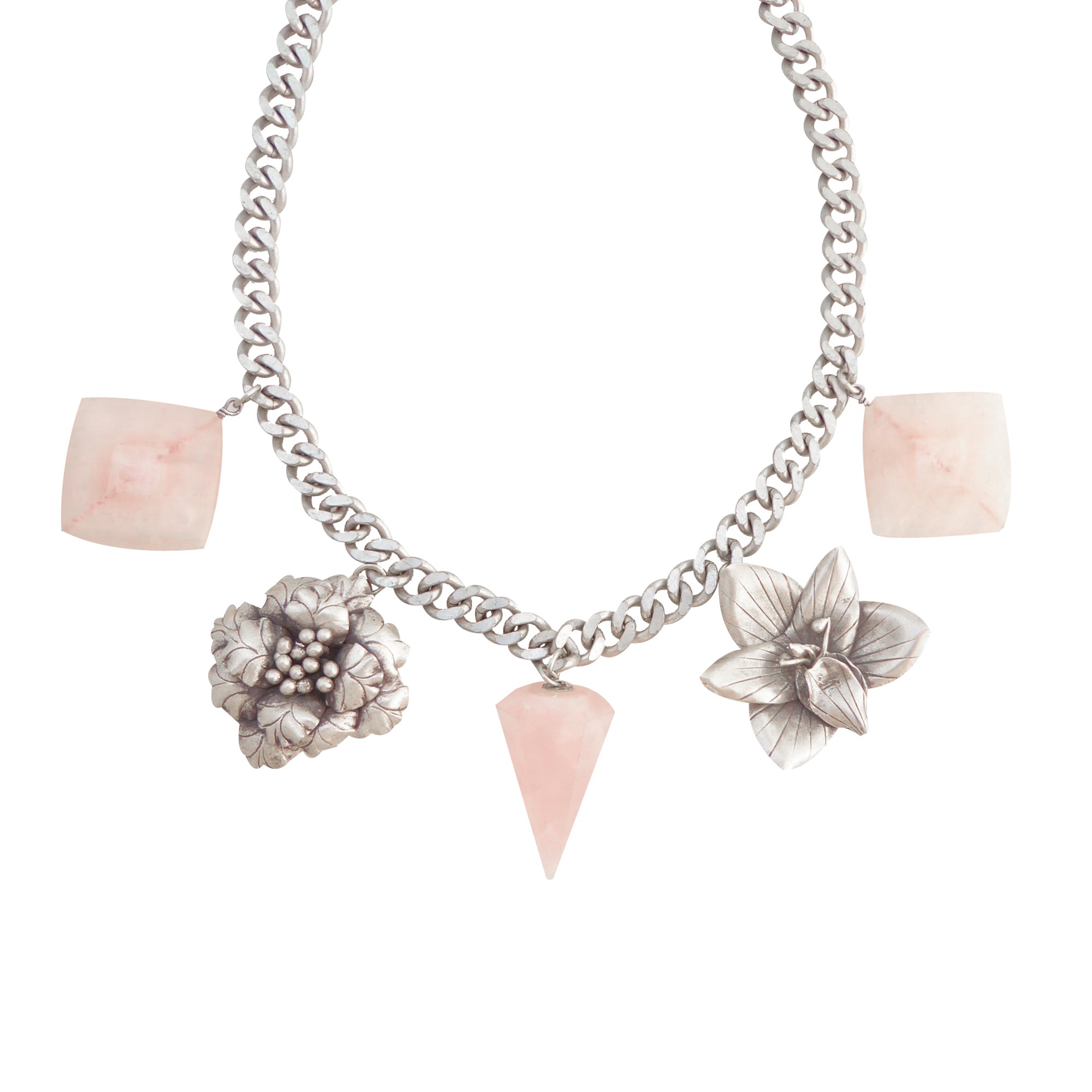 Sterling silver flower and rose quartz necklace by Jenny Dayco 1