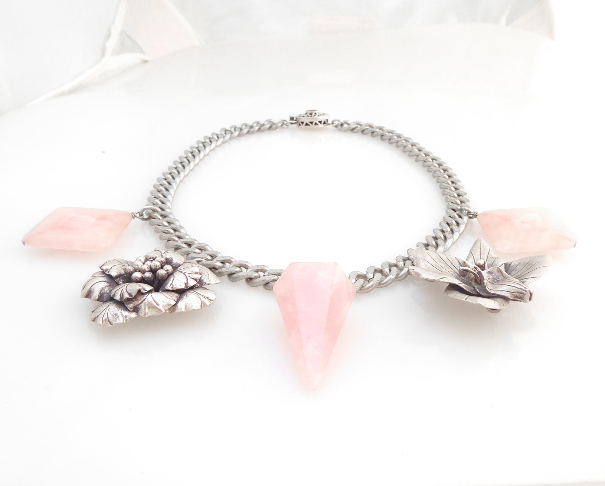 Sterling silver flower and rose quartz necklace by Jenny Dayco 3