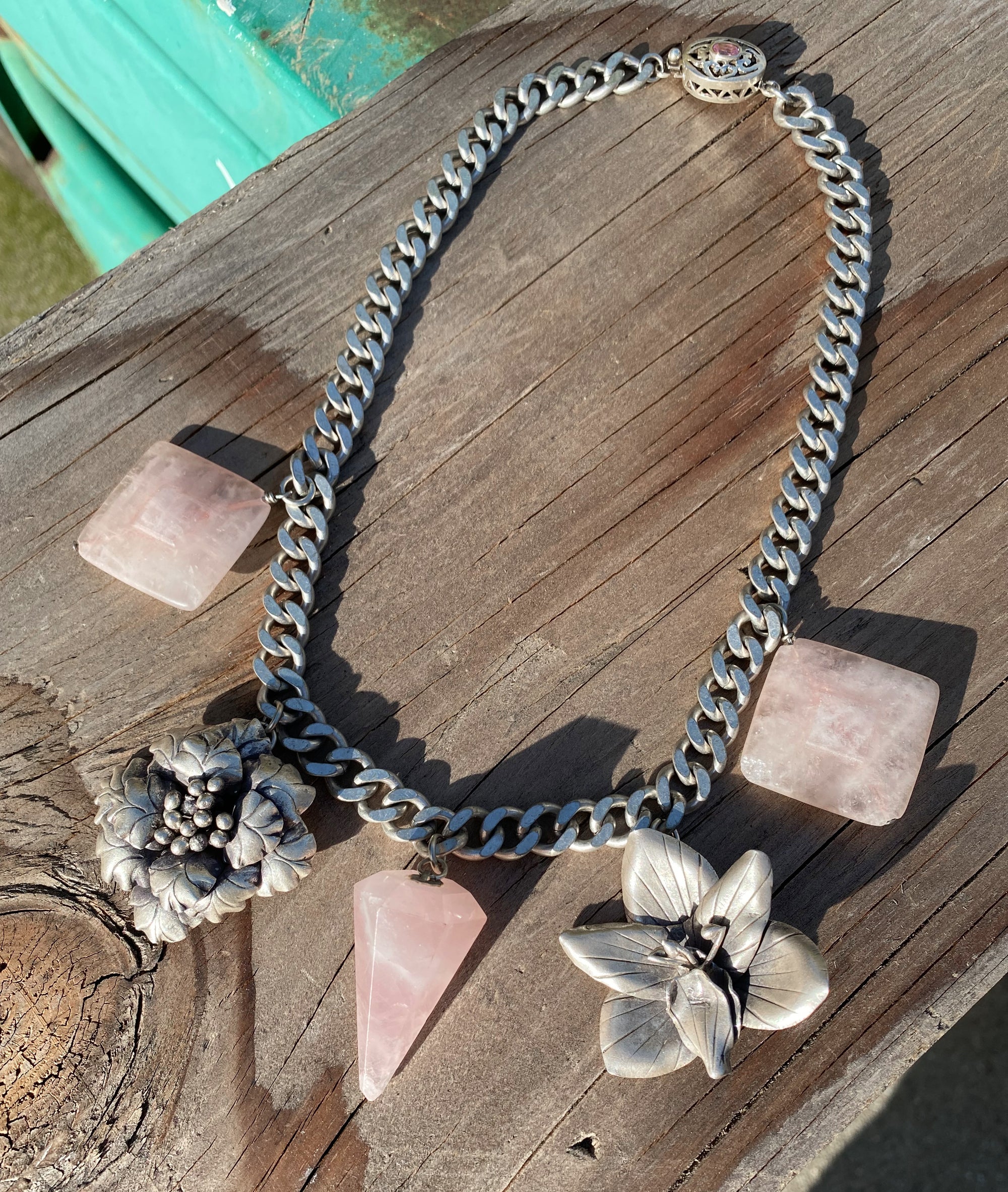 Sterling silver flower rose quartz necklace