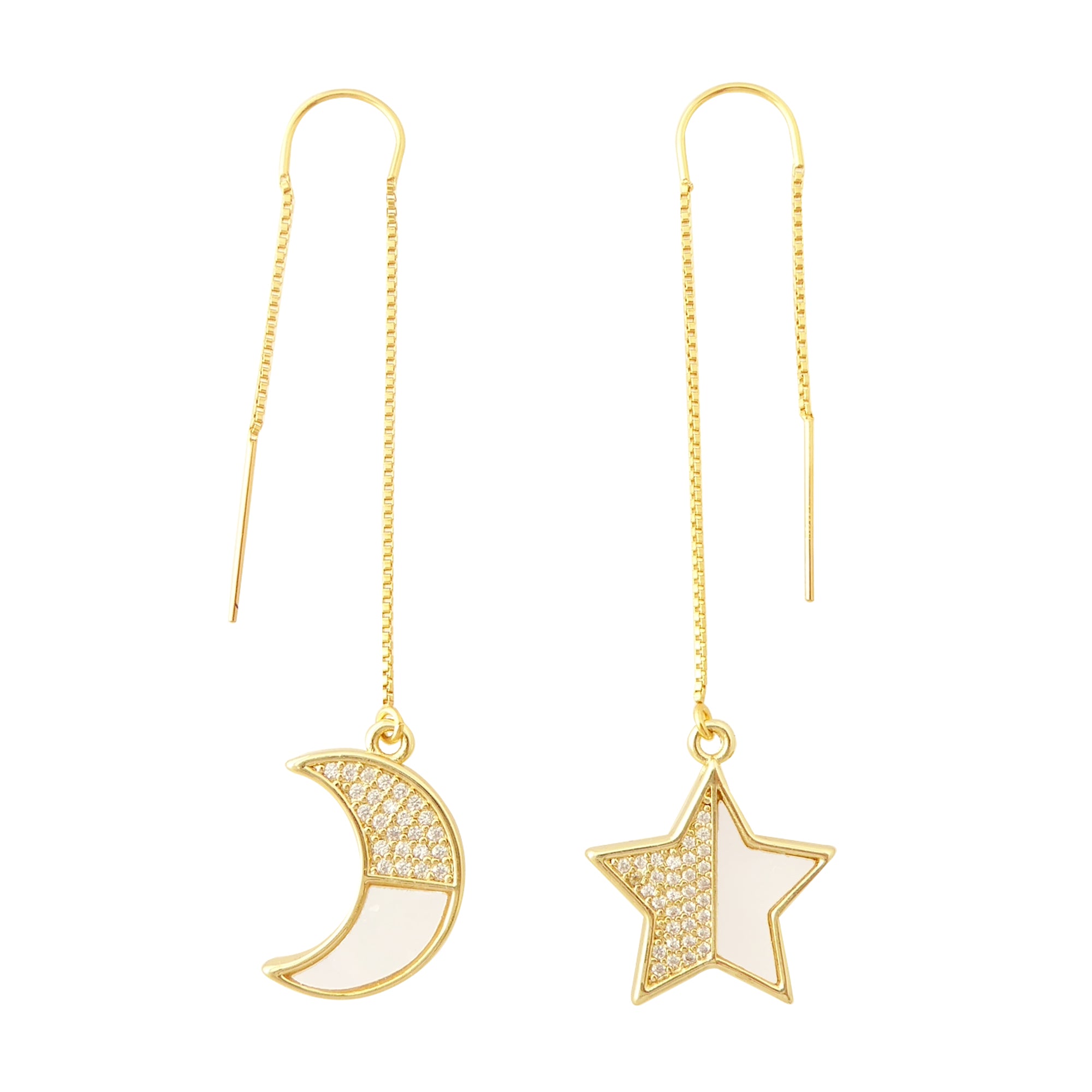 gold pave rhinestone and shell moon and star threader earrings by Jenny Dayco 1