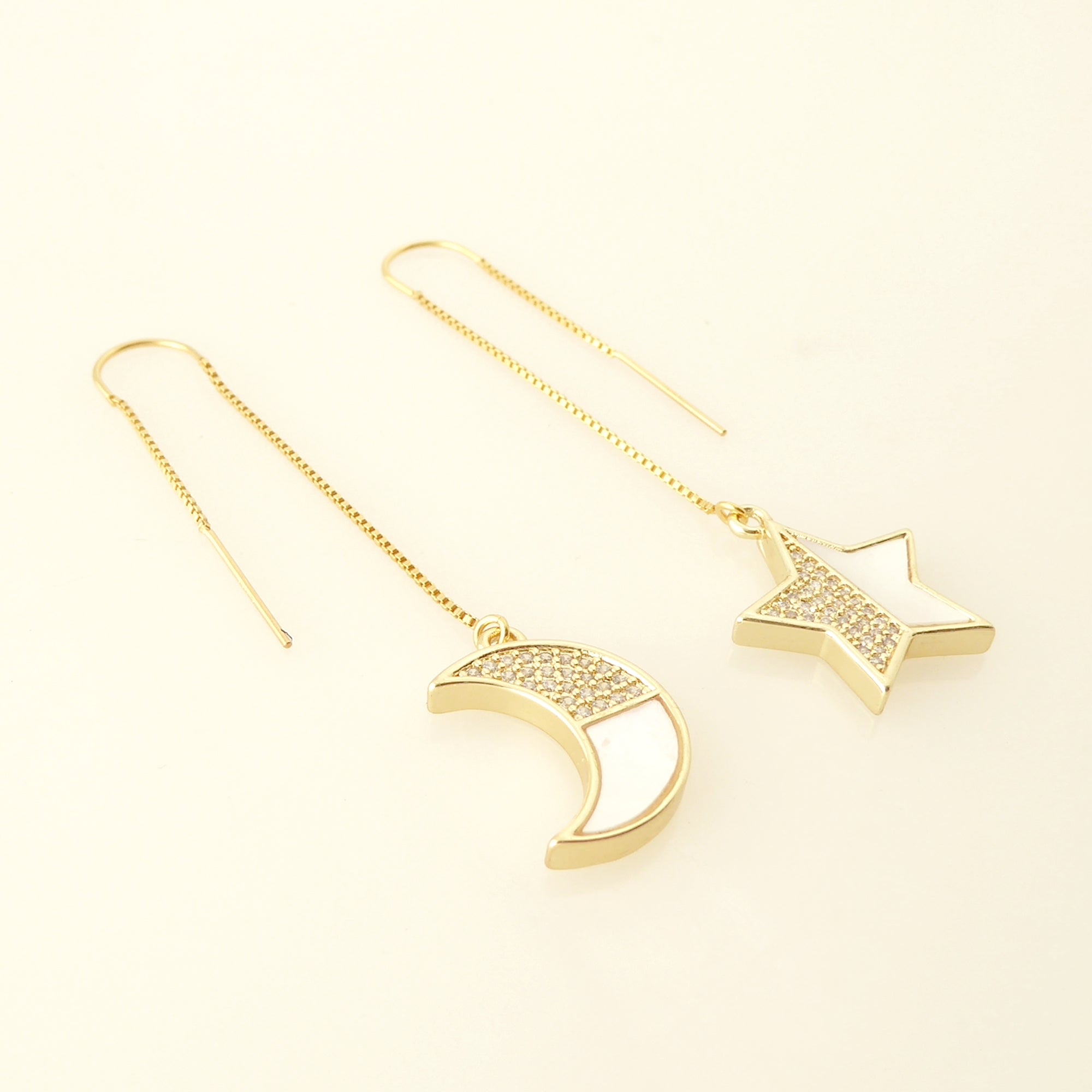 gold pave rhinestone and shell moon and star threader earrings by Jenny Dayco 2