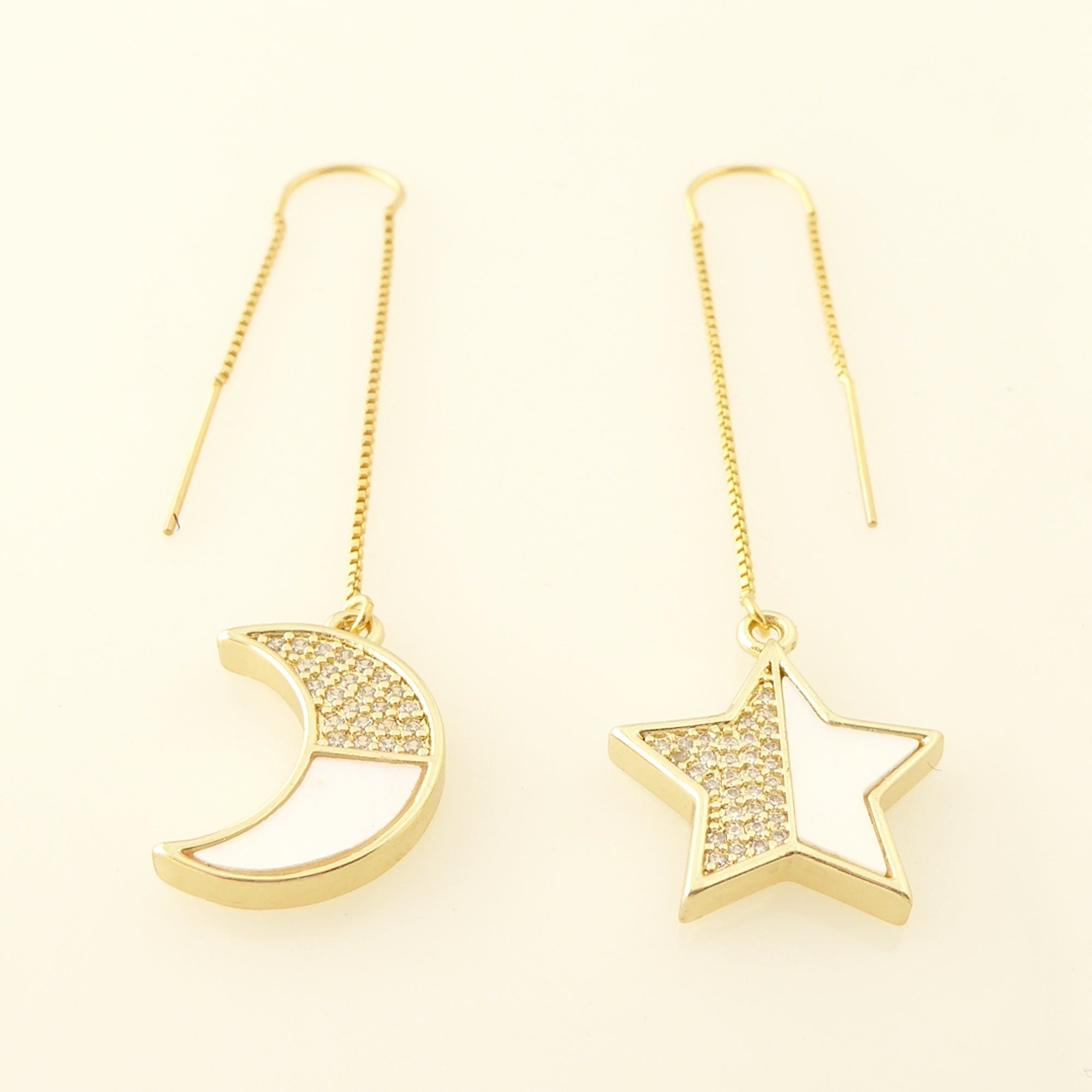 gold pave rhinestone and shell moon and star threader earrings by Jenny Dayco 3