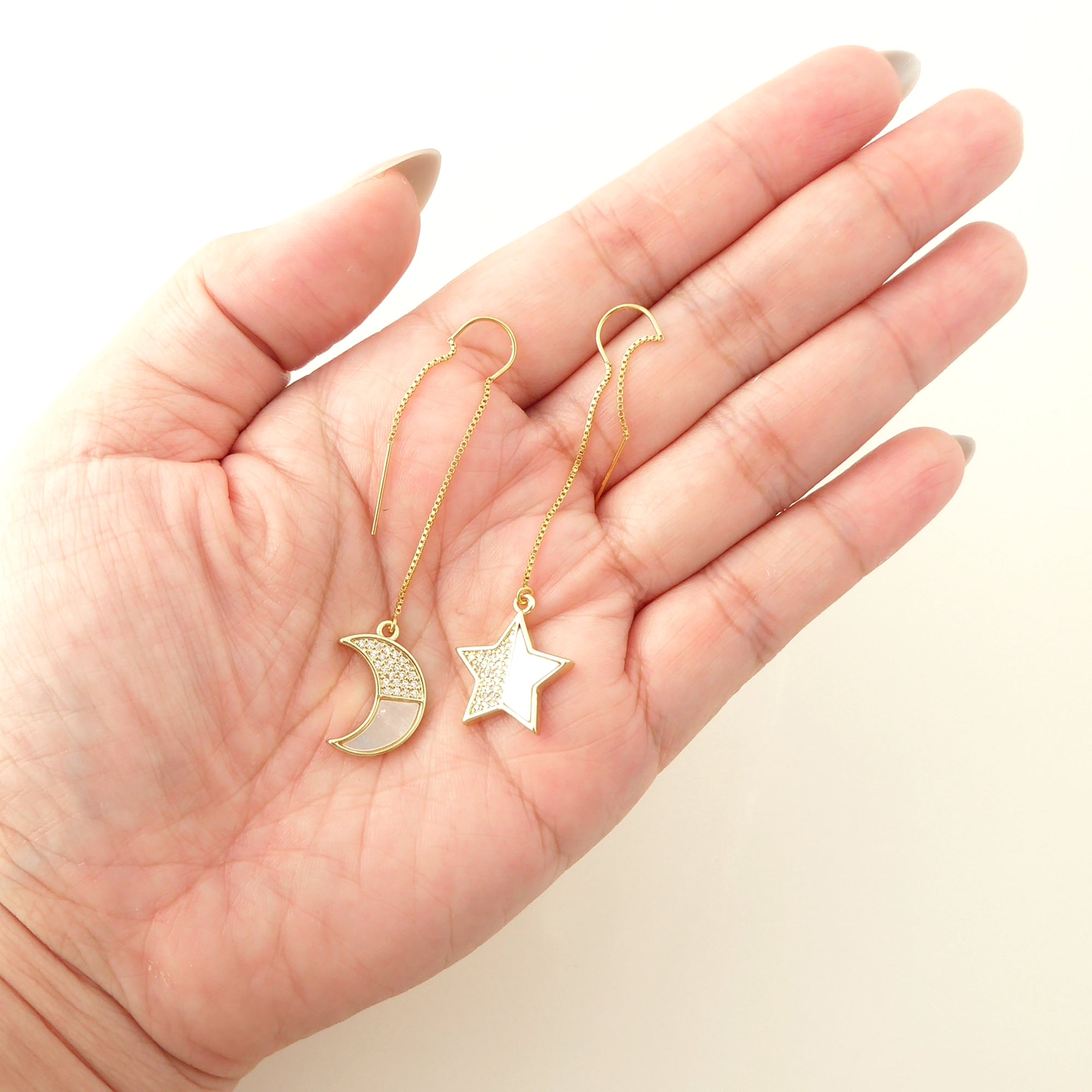 gold pave rhinestone and shell moon and star threader earrings by Jenny Dayco 4