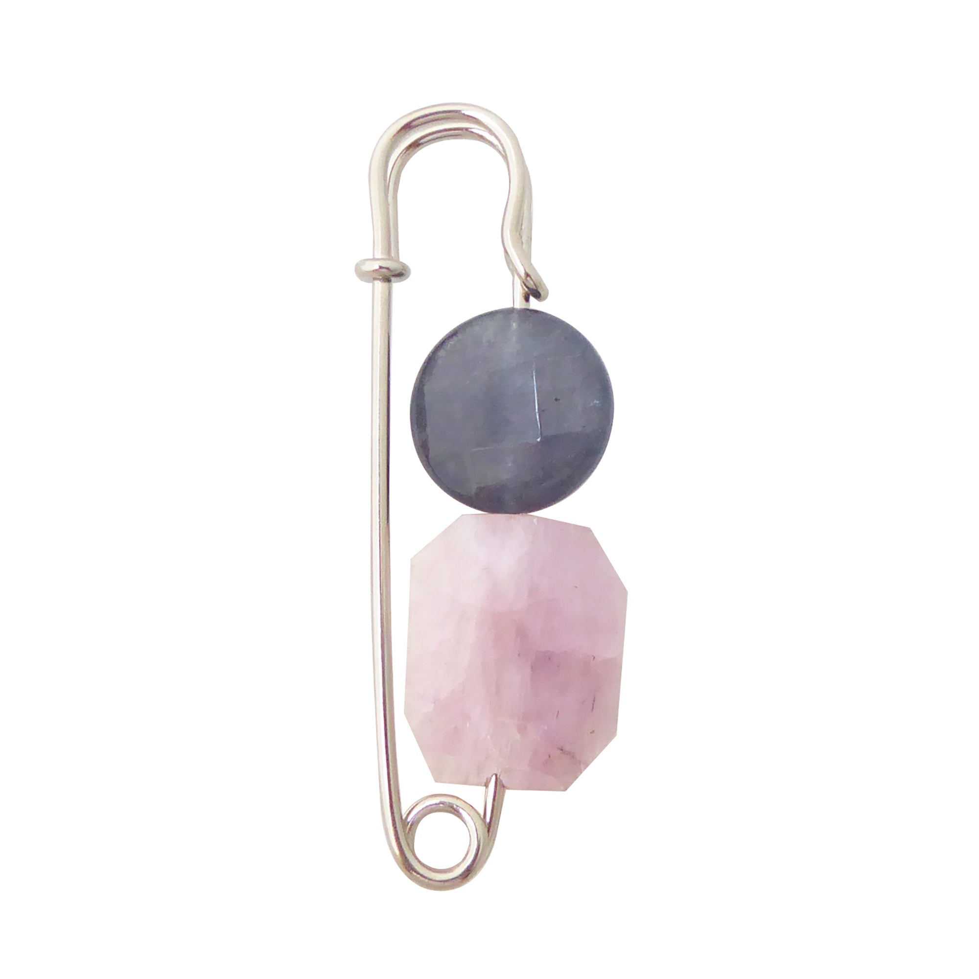 kunzite and storm quartz safety pin brooch by Jenny Dayco 1
