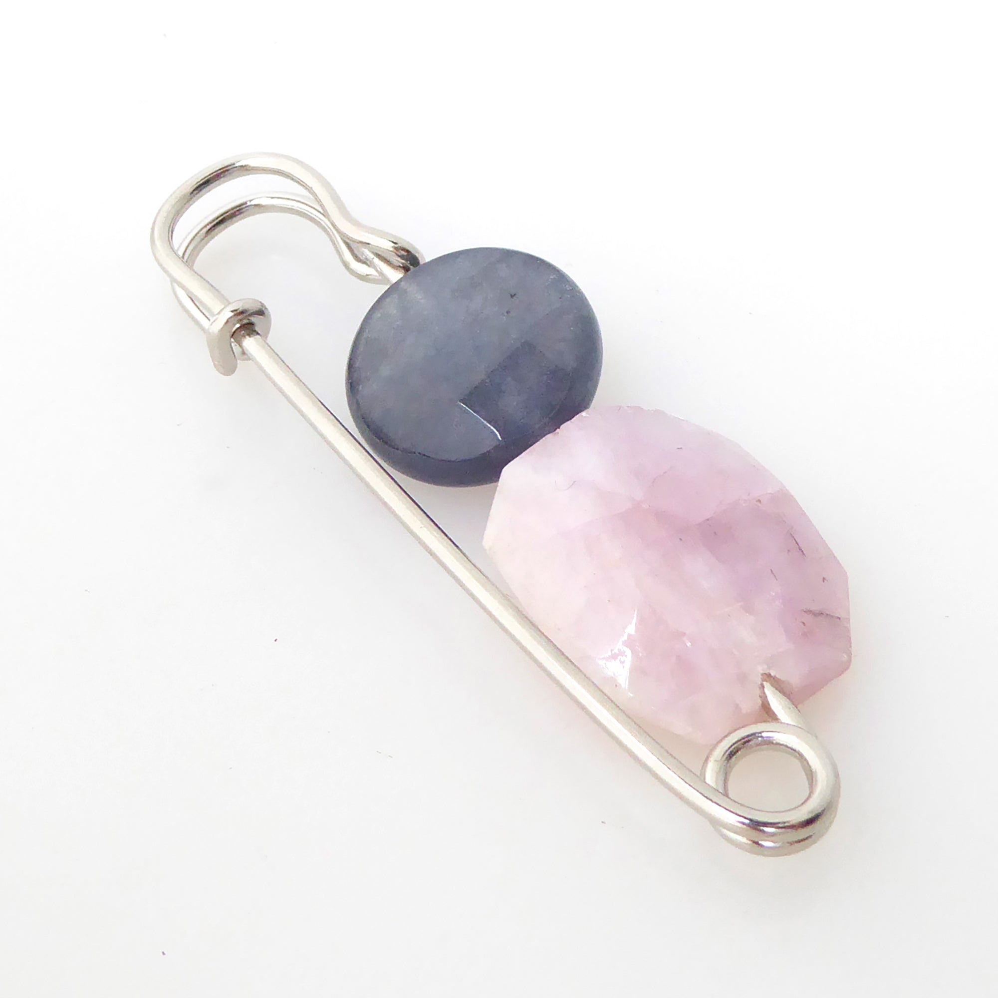 kunzite and storm quartz safety pin brooch by Jenny Dayco 2
