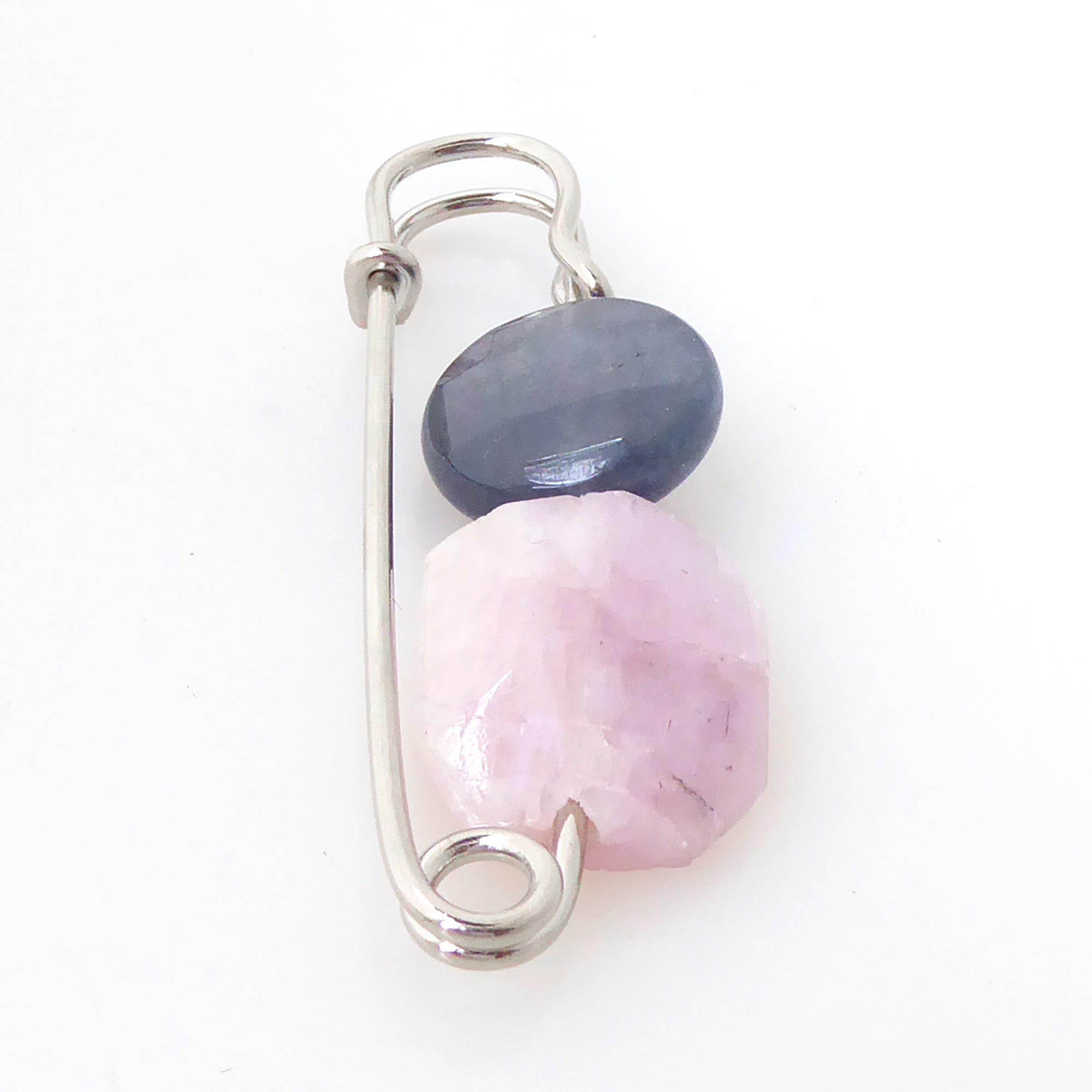 kunzite and storm quartz safety pin brooch by Jenny Dayco 3