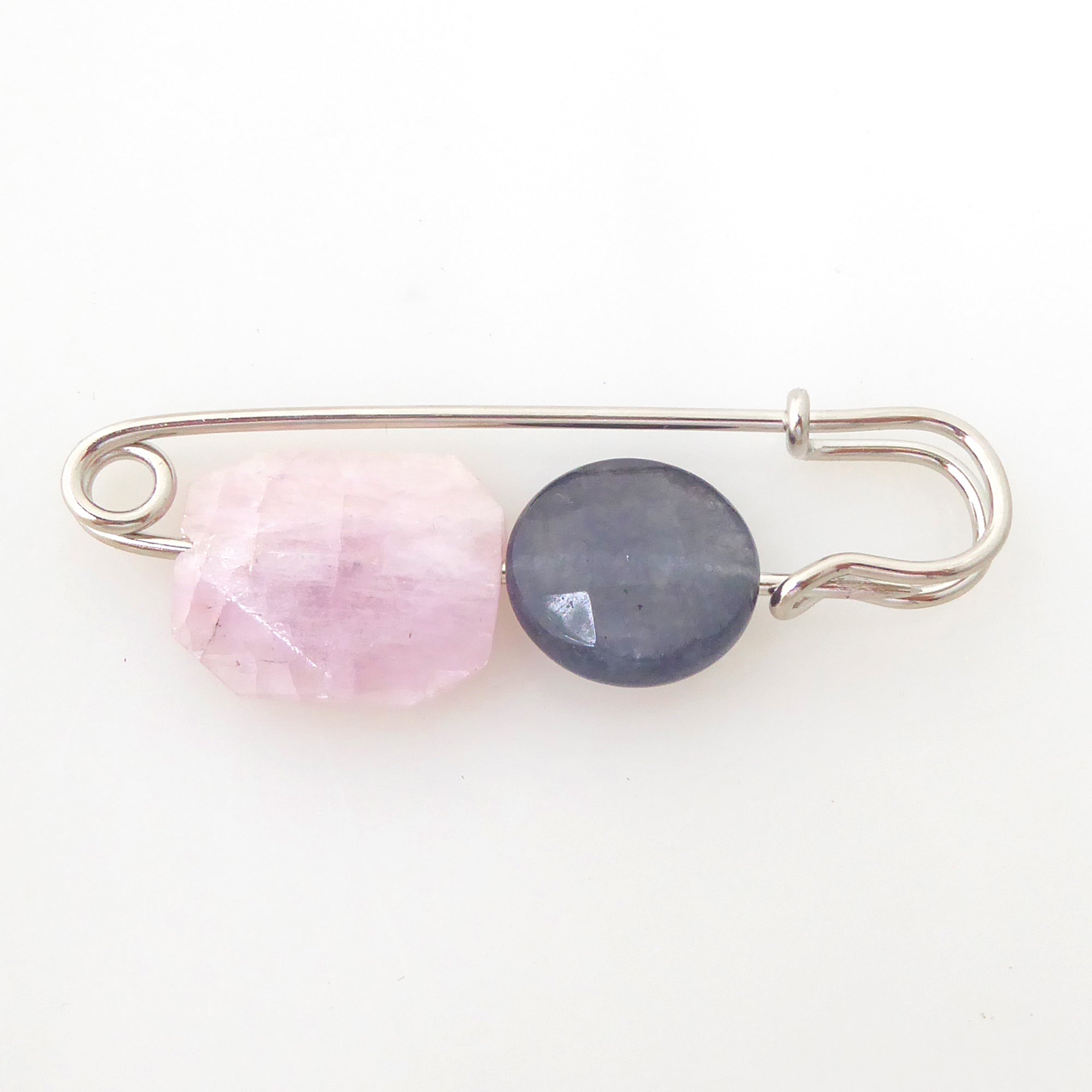 kunzite and storm quartz safety pin brooch by Jenny Dayco 4