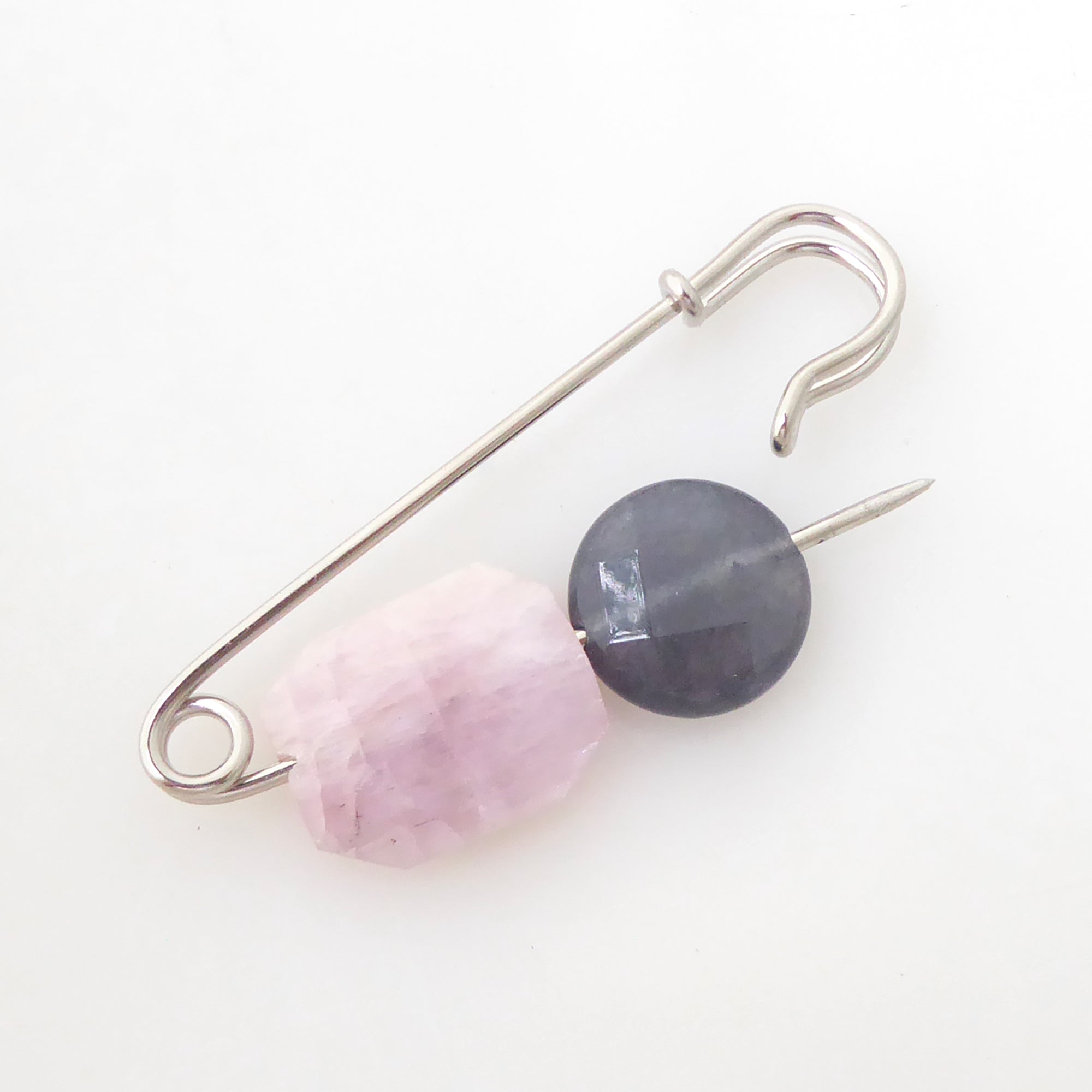 kunzite and storm quartz safety pin brooch by Jenny Dayco 5
