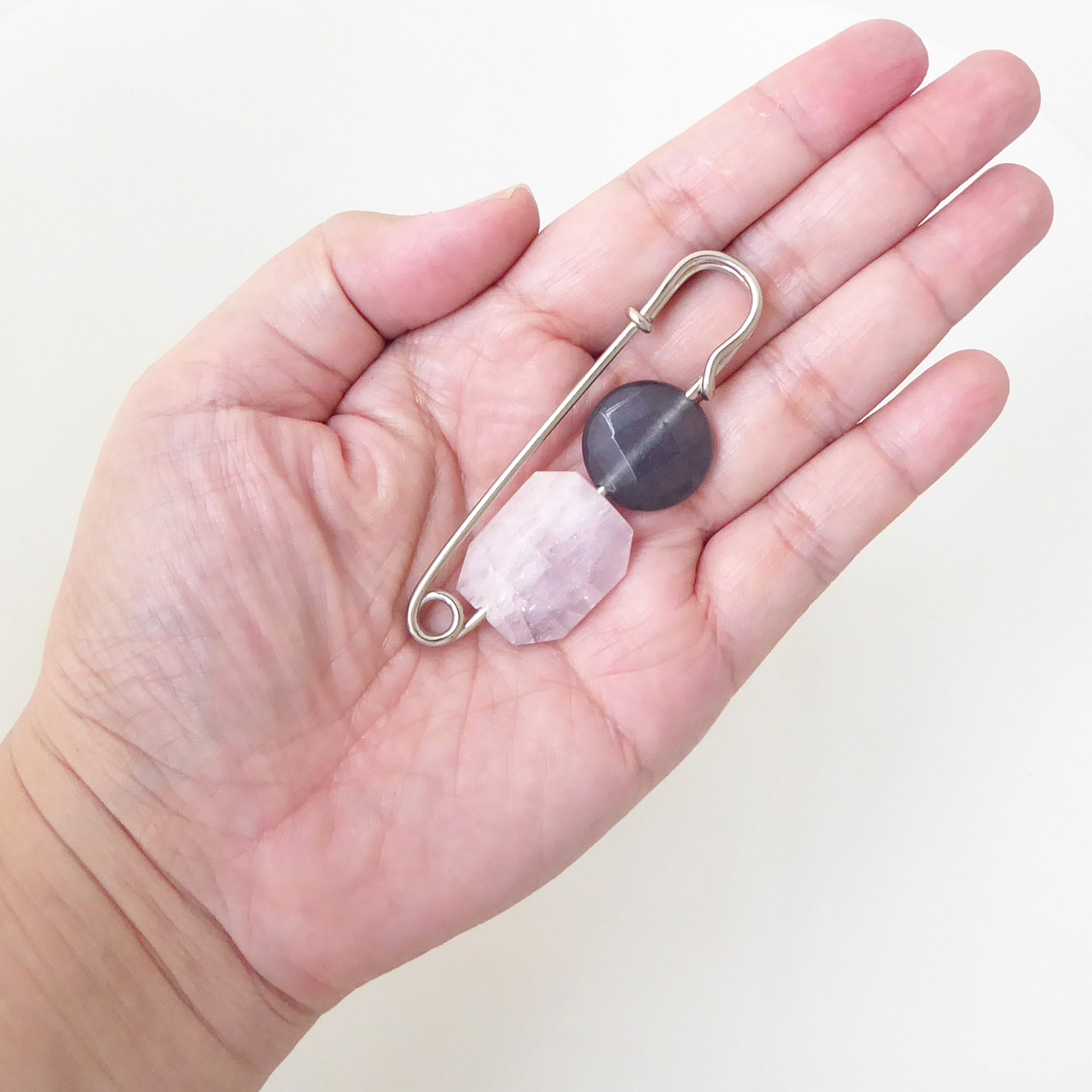 kunzite and storm quartz safety pin brooch by Jenny Dayco 6