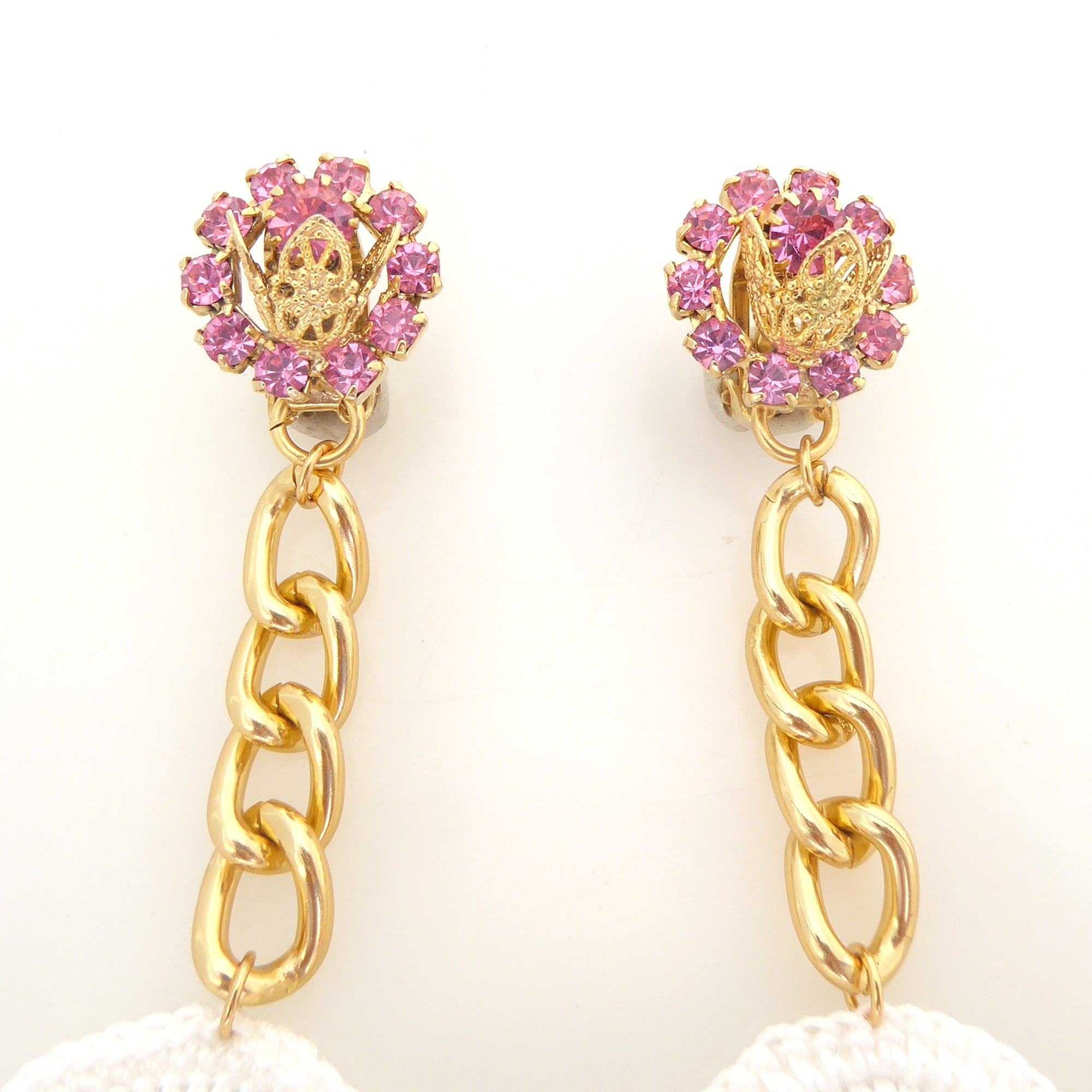 1950s Hot pink rhinestone gold white crochet rainbow beaded clip on earrings by Jenny Dayco 4