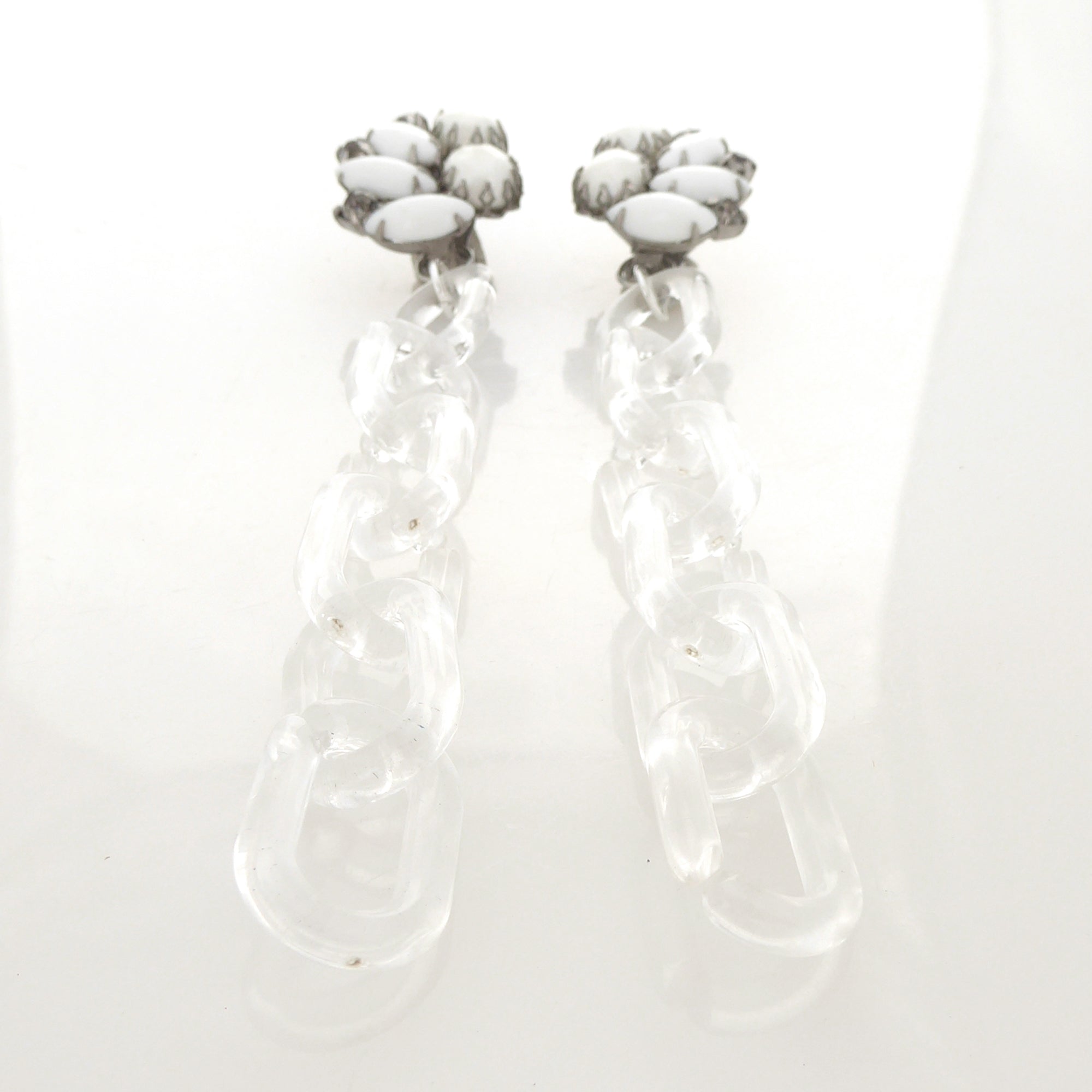 1950s White milk glass rhinestone cluster and clear chain earrings by Jenny Dayco 3