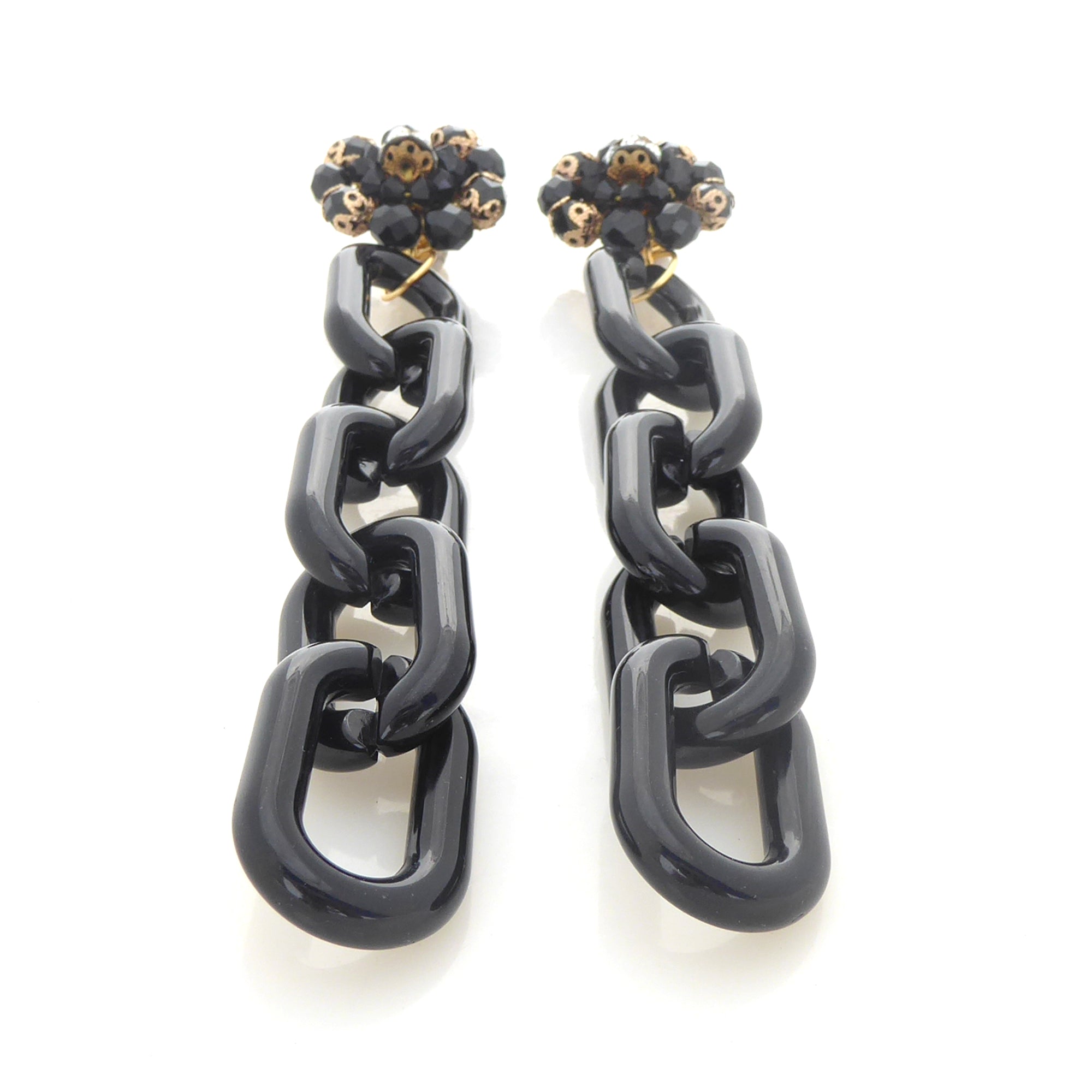 1950s black glass and rhinestone cluster and black chain earrings by Jenny Dayco 3