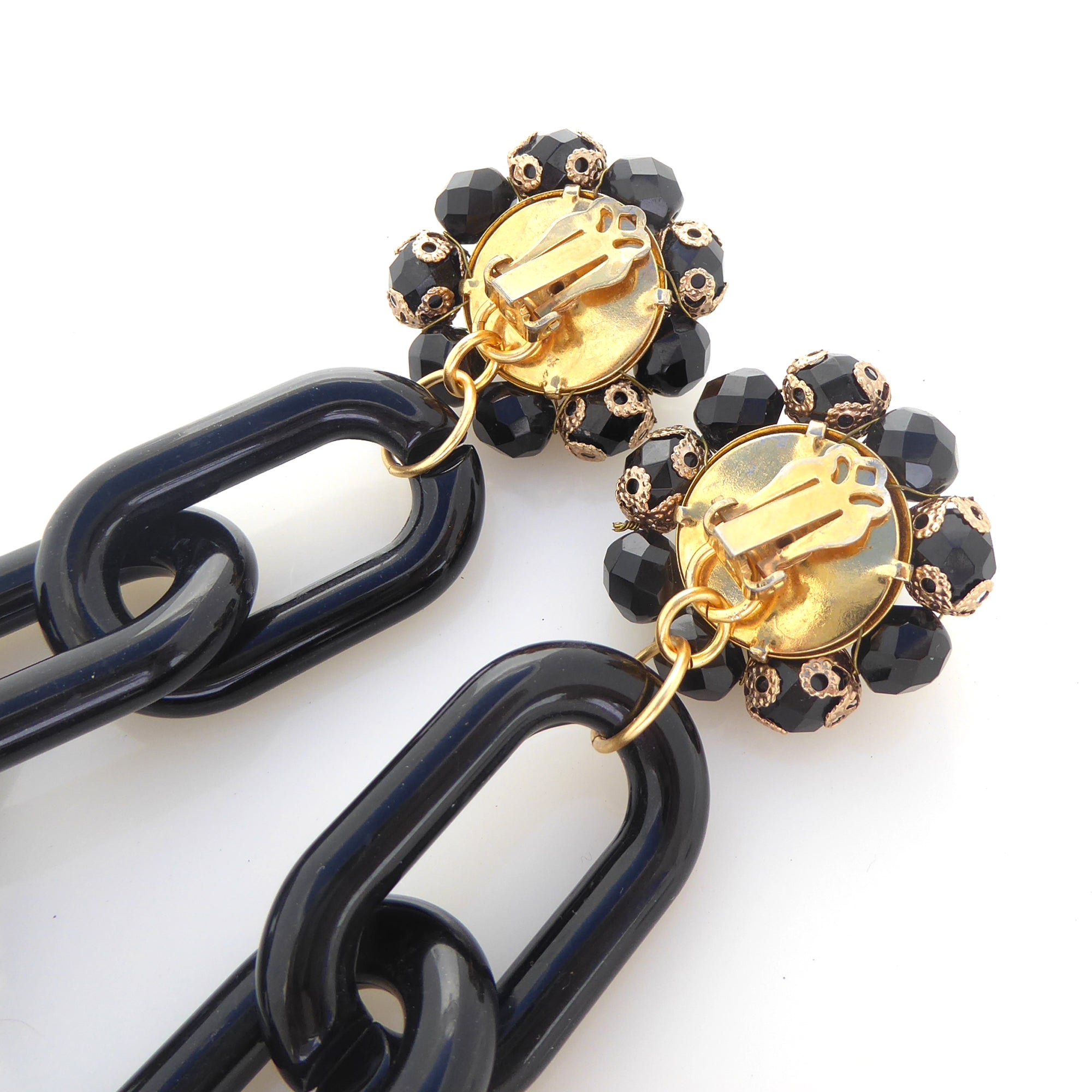 1950s black glass and rhinestone cluster and black chain earrings by Jenny Dayco 5