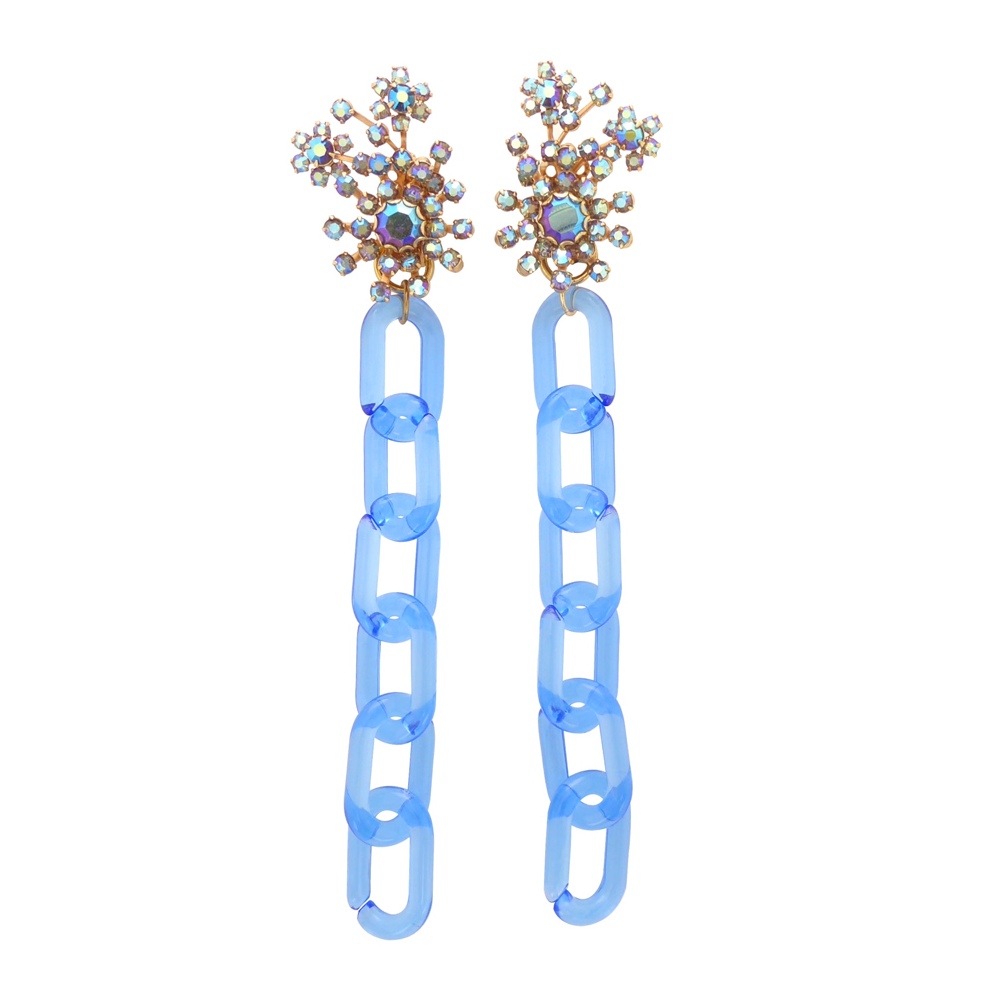1950s blue iridescent rhinestone and blue chain earrings by Jenny Dayco 1