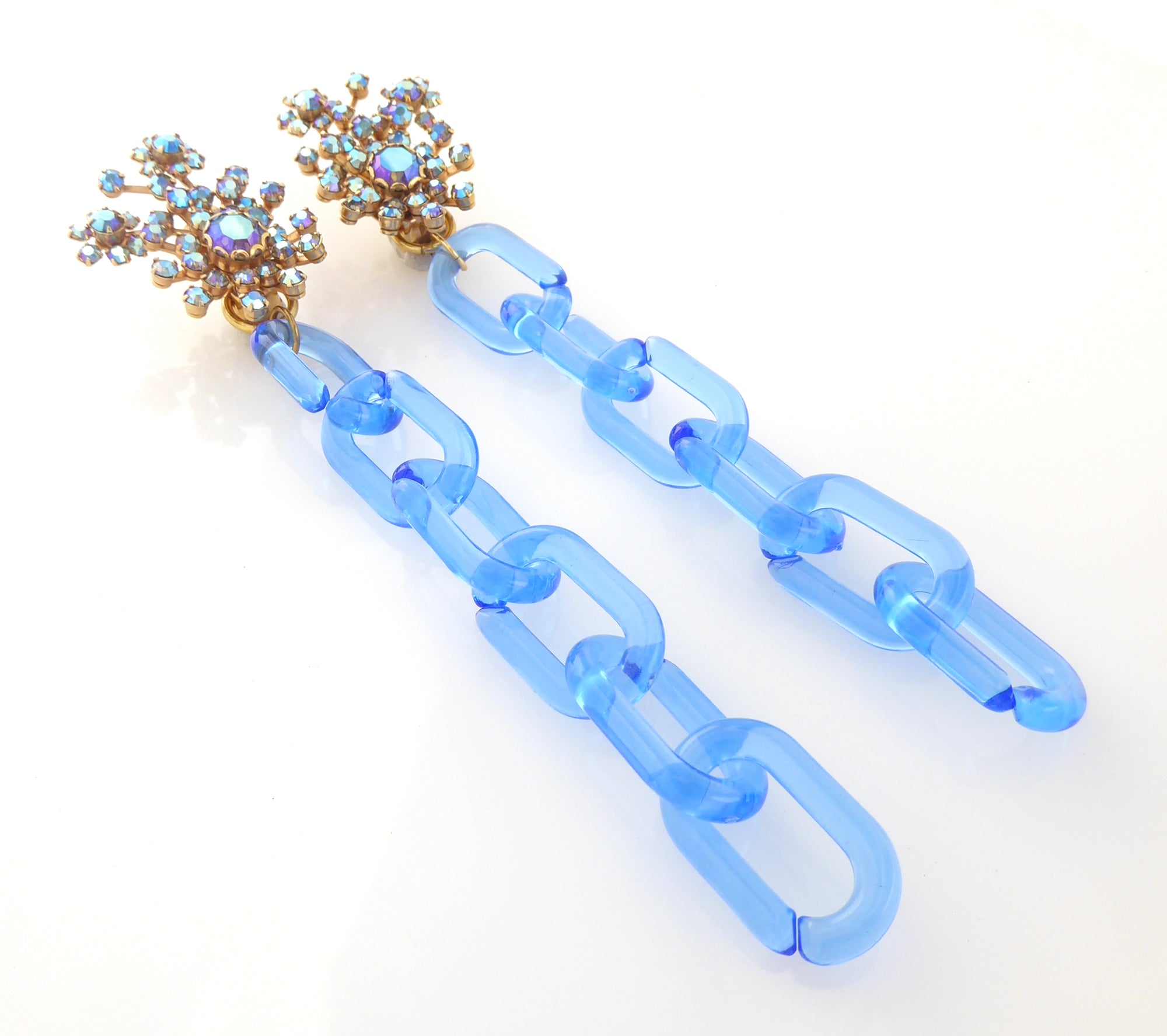 1950s blue iridescent rhinestone and blue chain earrings by Jenny Dayco 2