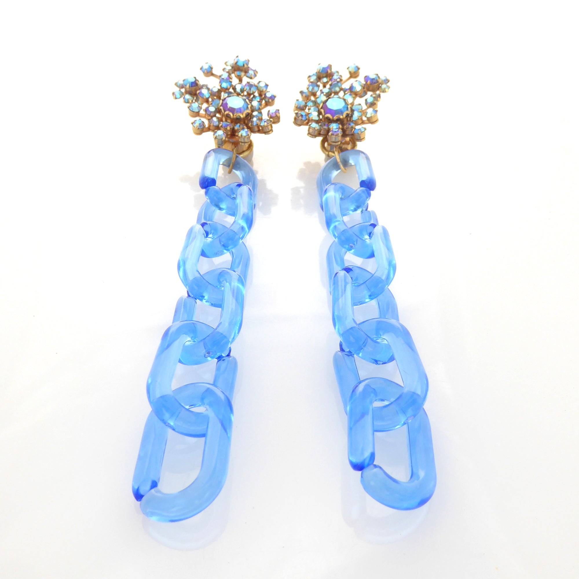 1950s blue iridescent rhinestone and blue chain earrings by Jenny Dayco 3