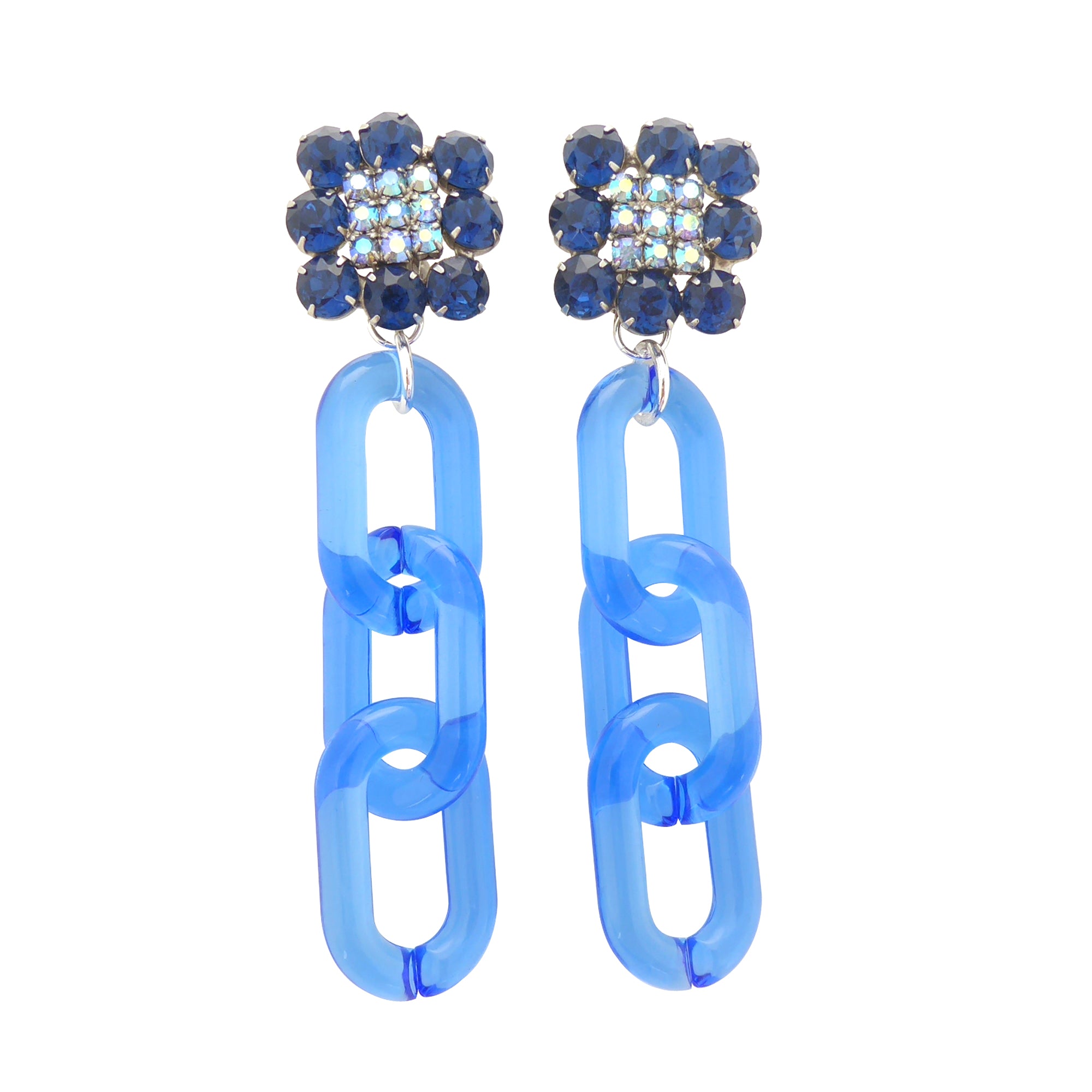 1950s blue rhinestone and blue chain earrings by Jenny Dayco 1