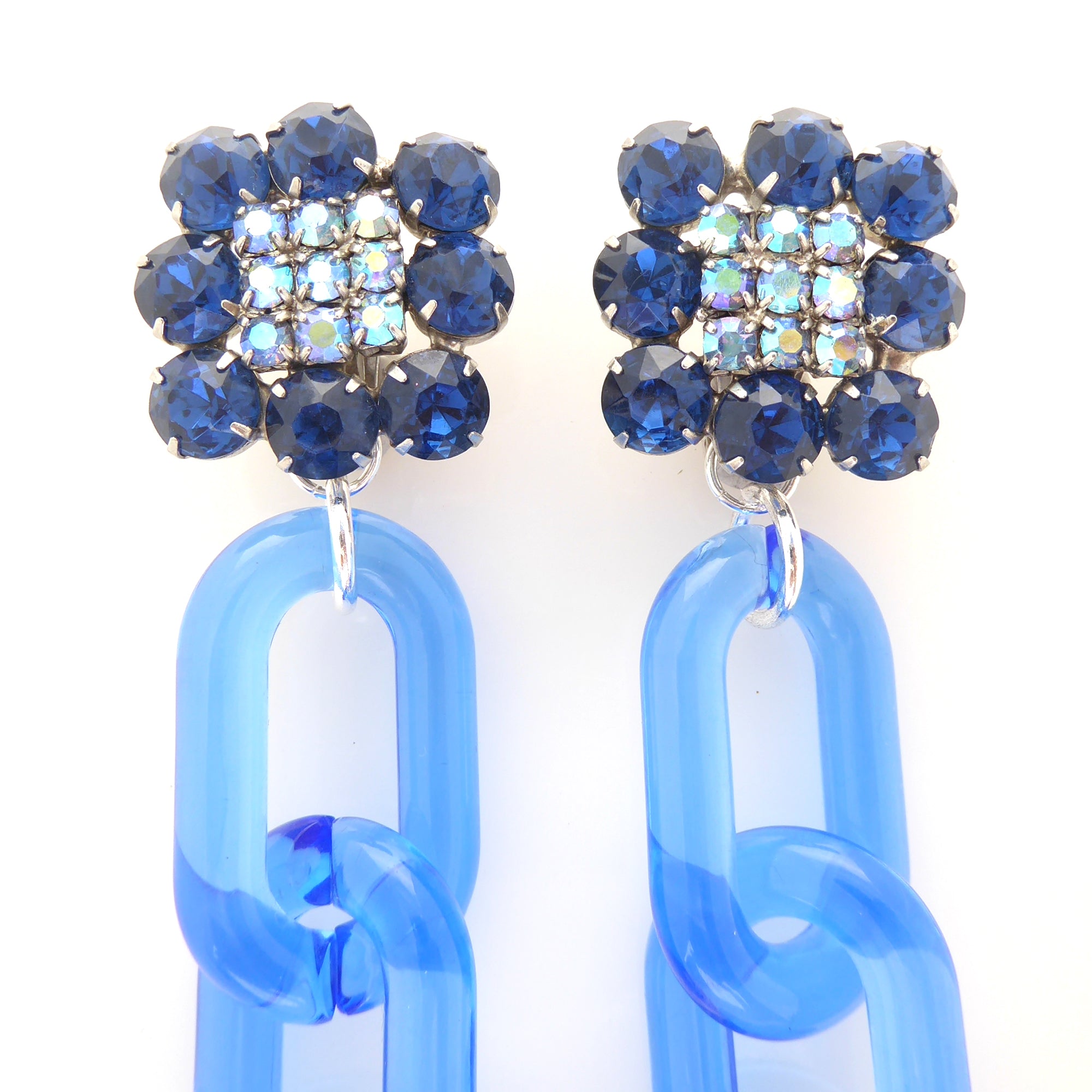 1950s blue rhinestone and blue chain earrings by Jenny Dayco 4