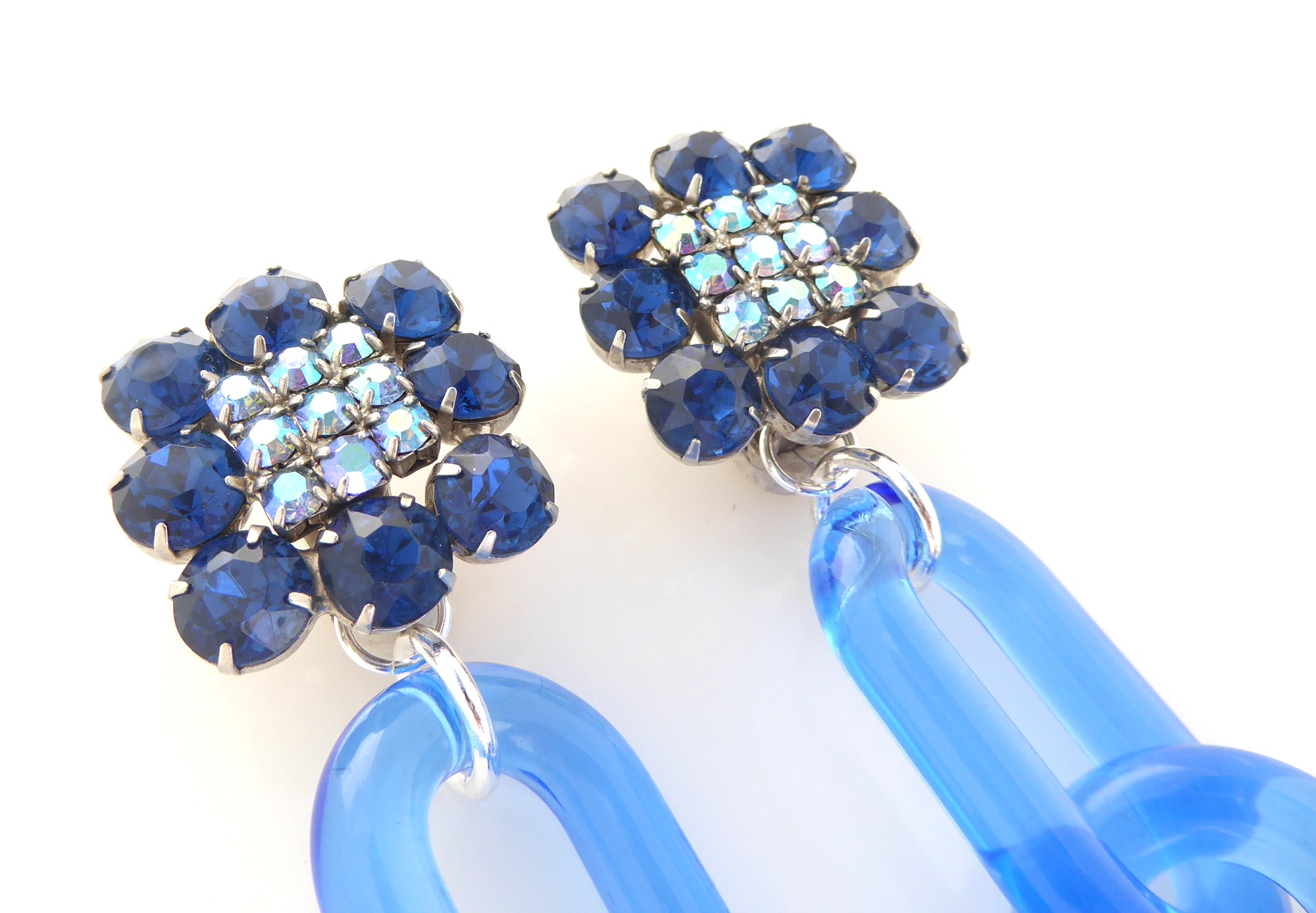 1950s blue rhinestone and blue chain earrings by Jenny Dayco 5