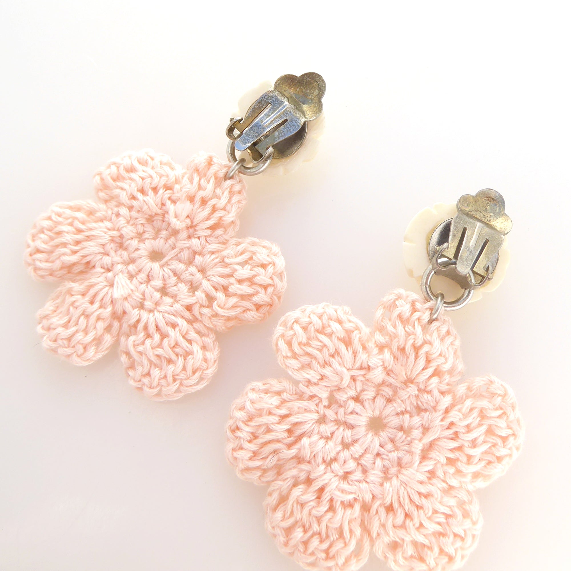 1950s celluloid rose and pale pink crochet flower earrings by Jenny Dayco 5
