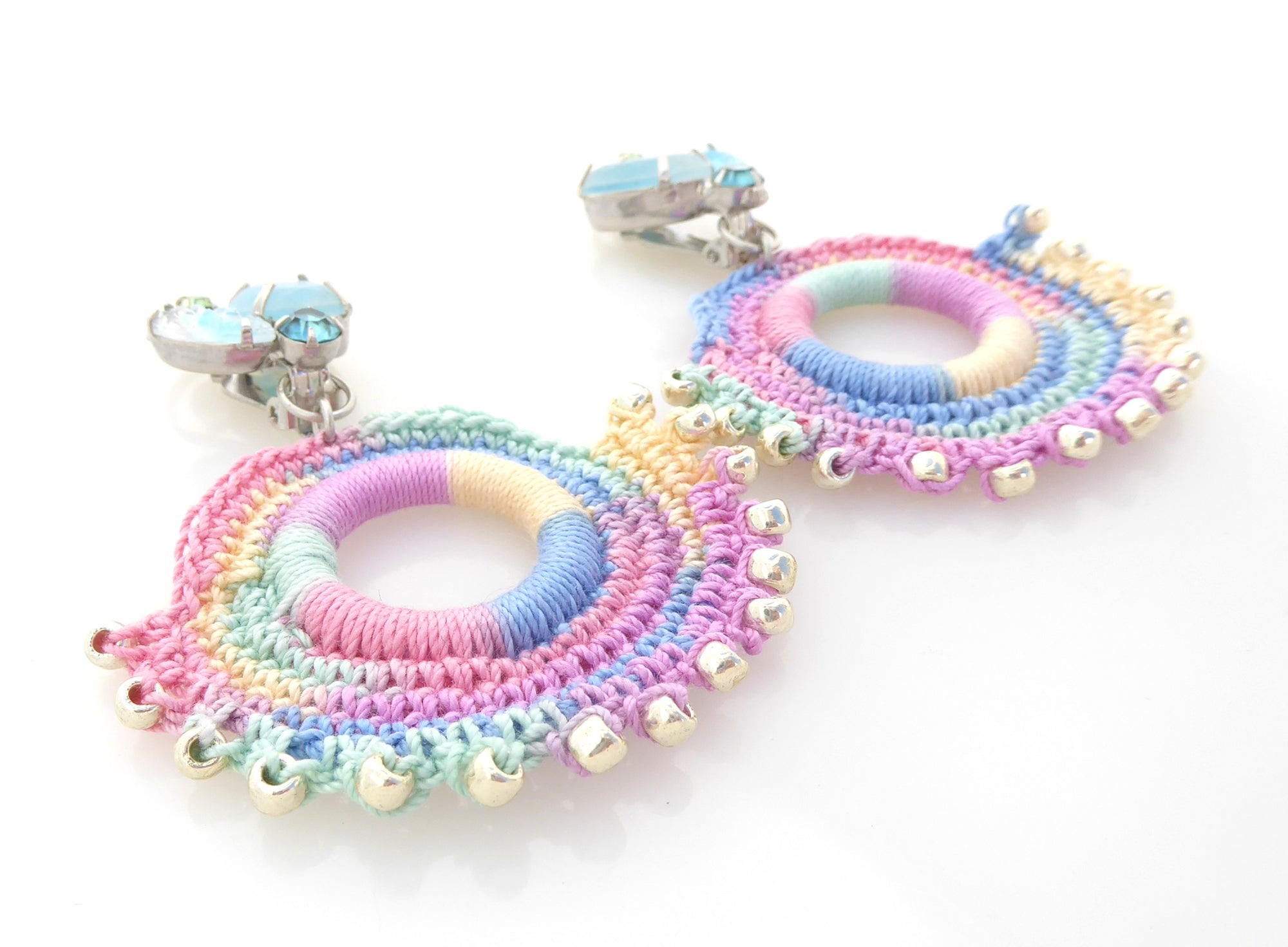 1950s light blue rhinestone and pastel crochet earrings by Jenny Dayco 2