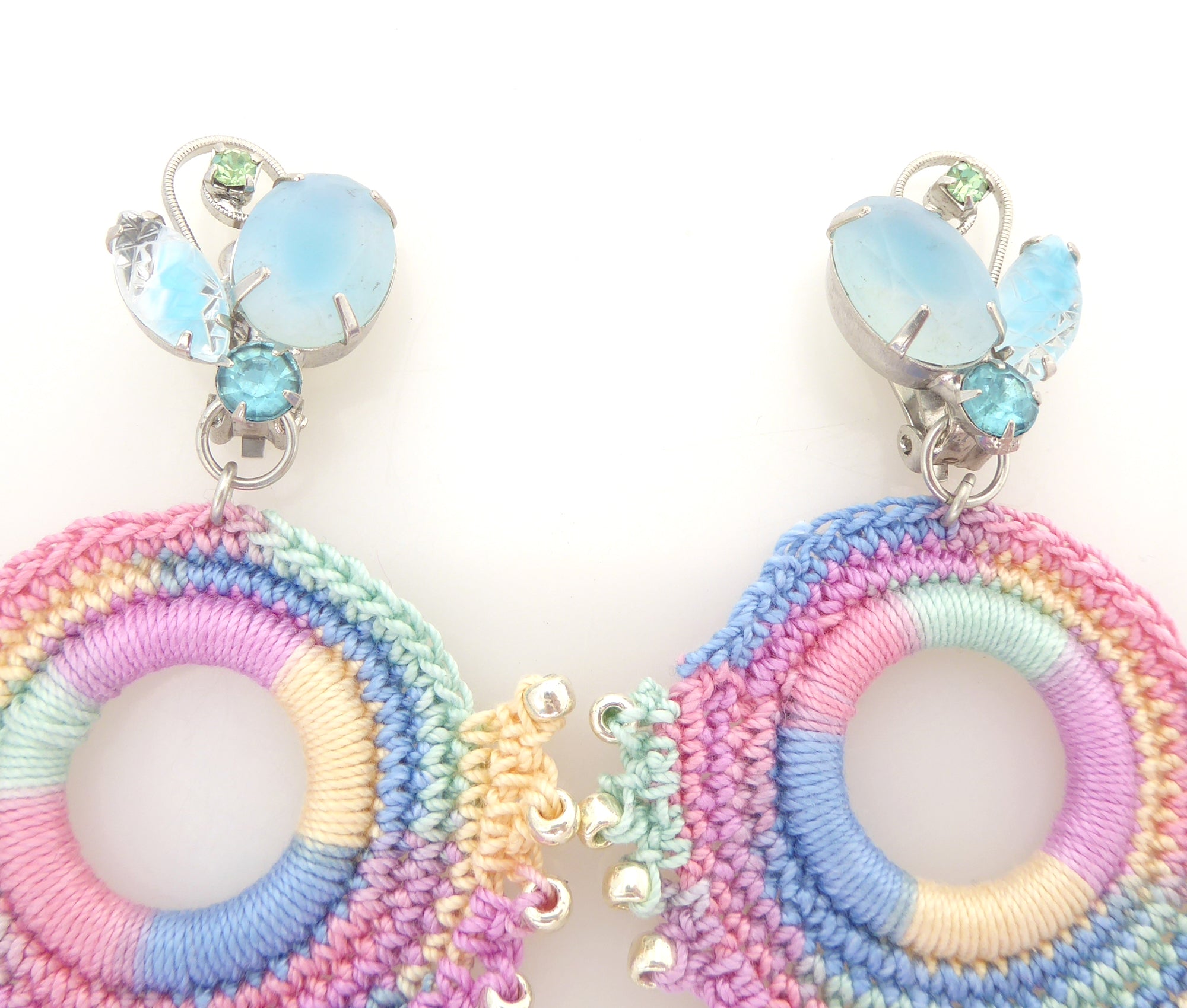 1950s light blue rhinestone and pastel crochet earrings by Jenny Dayco 4
