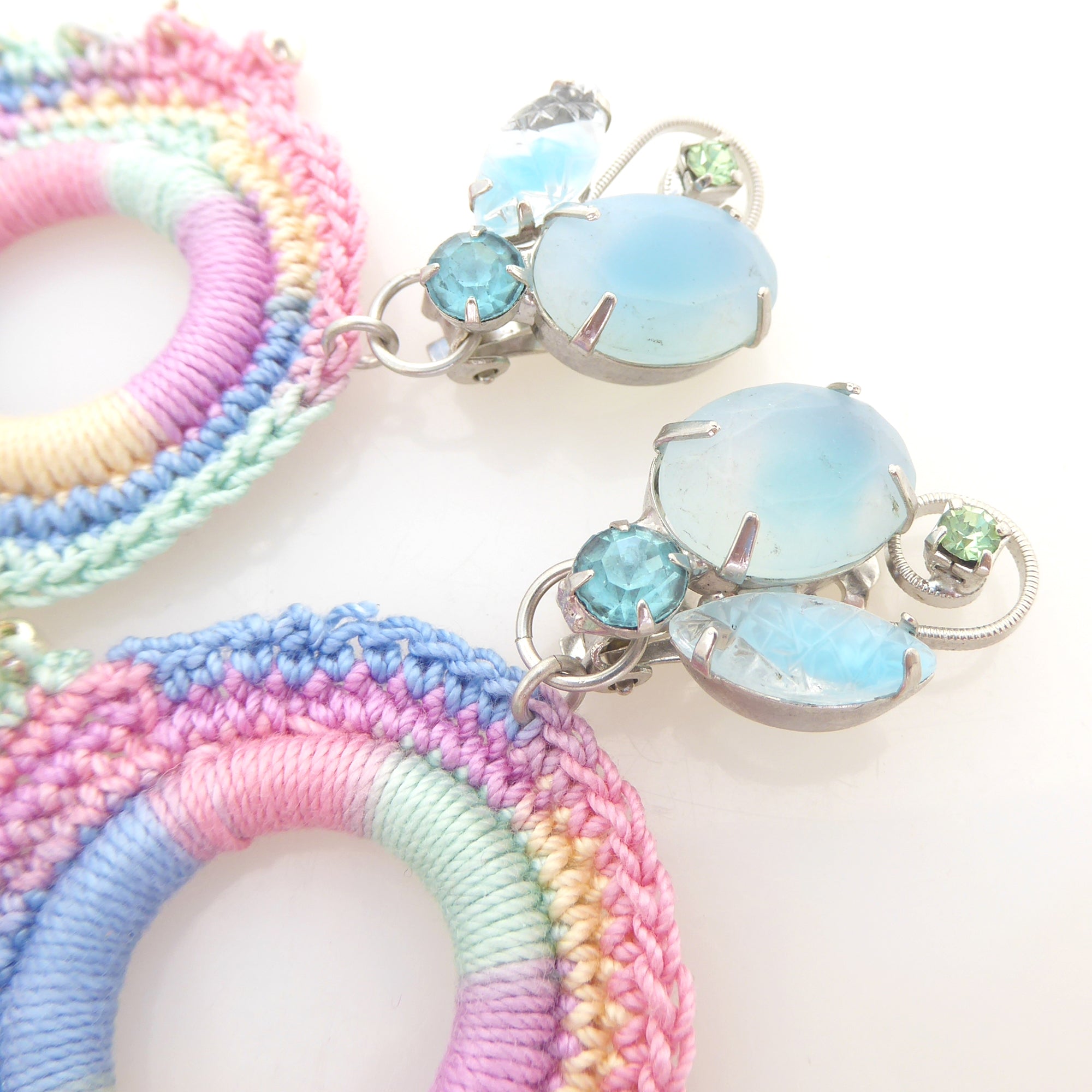 1950s light blue rhinestone and pastel crochet earrings by Jenny Dayco 5