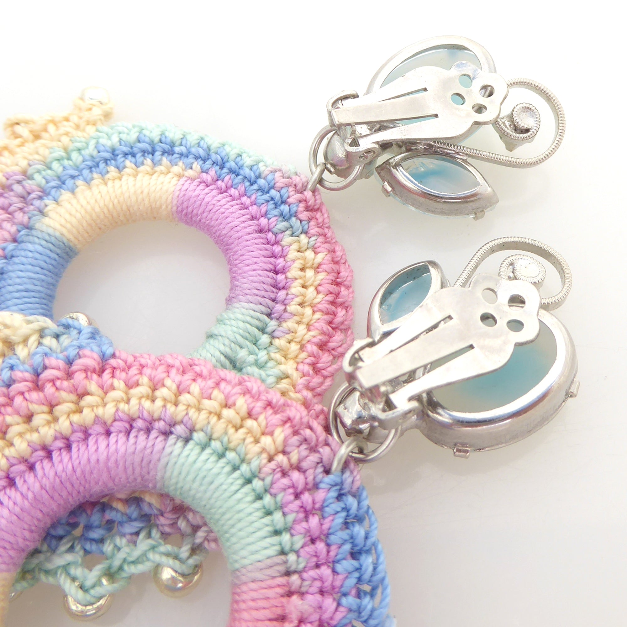 1950s light blue rhinestone and pastel crochet earrings by Jenny Dayco 6