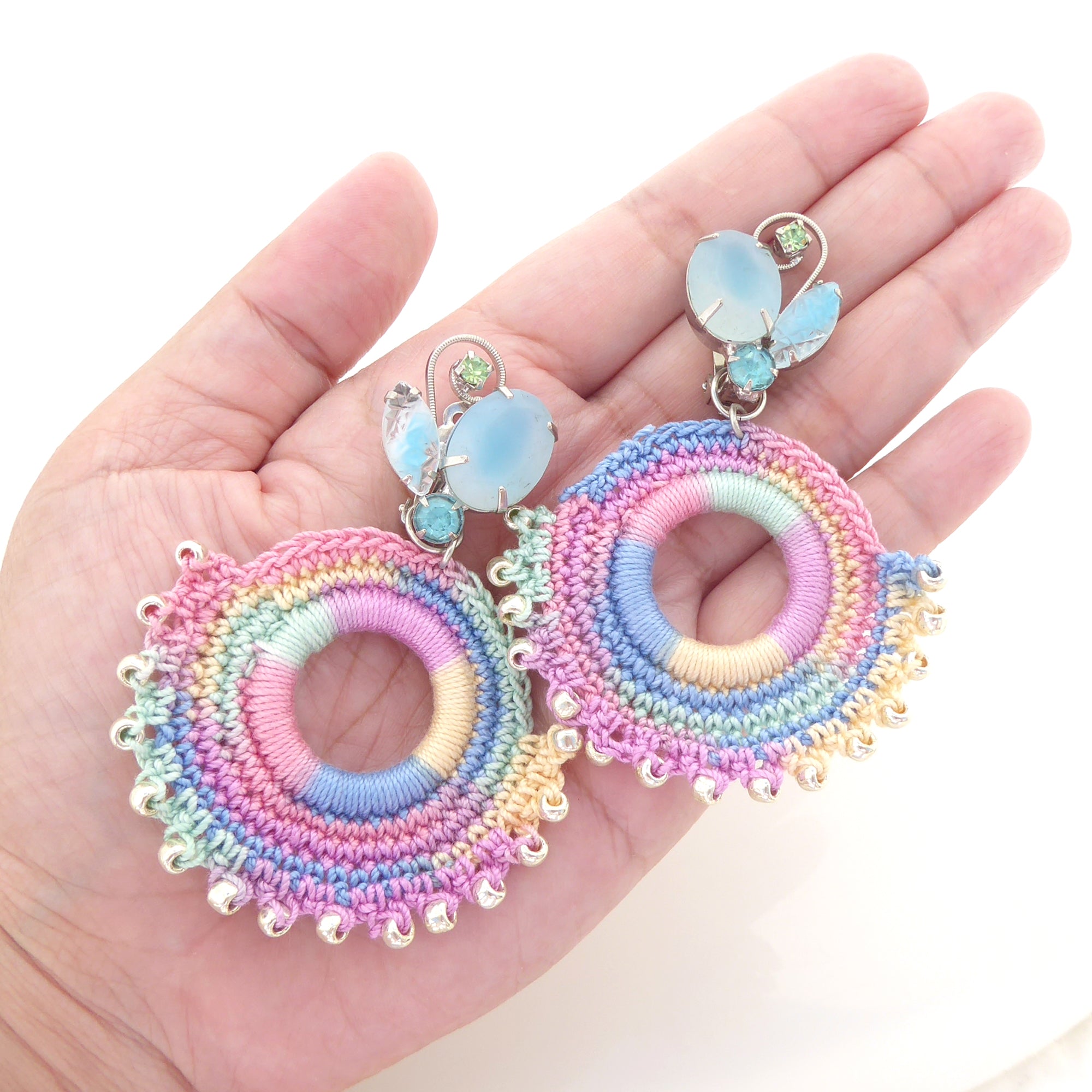 1950s light blue rhinestone and pastel crochet earrings by Jenny Dayco 7