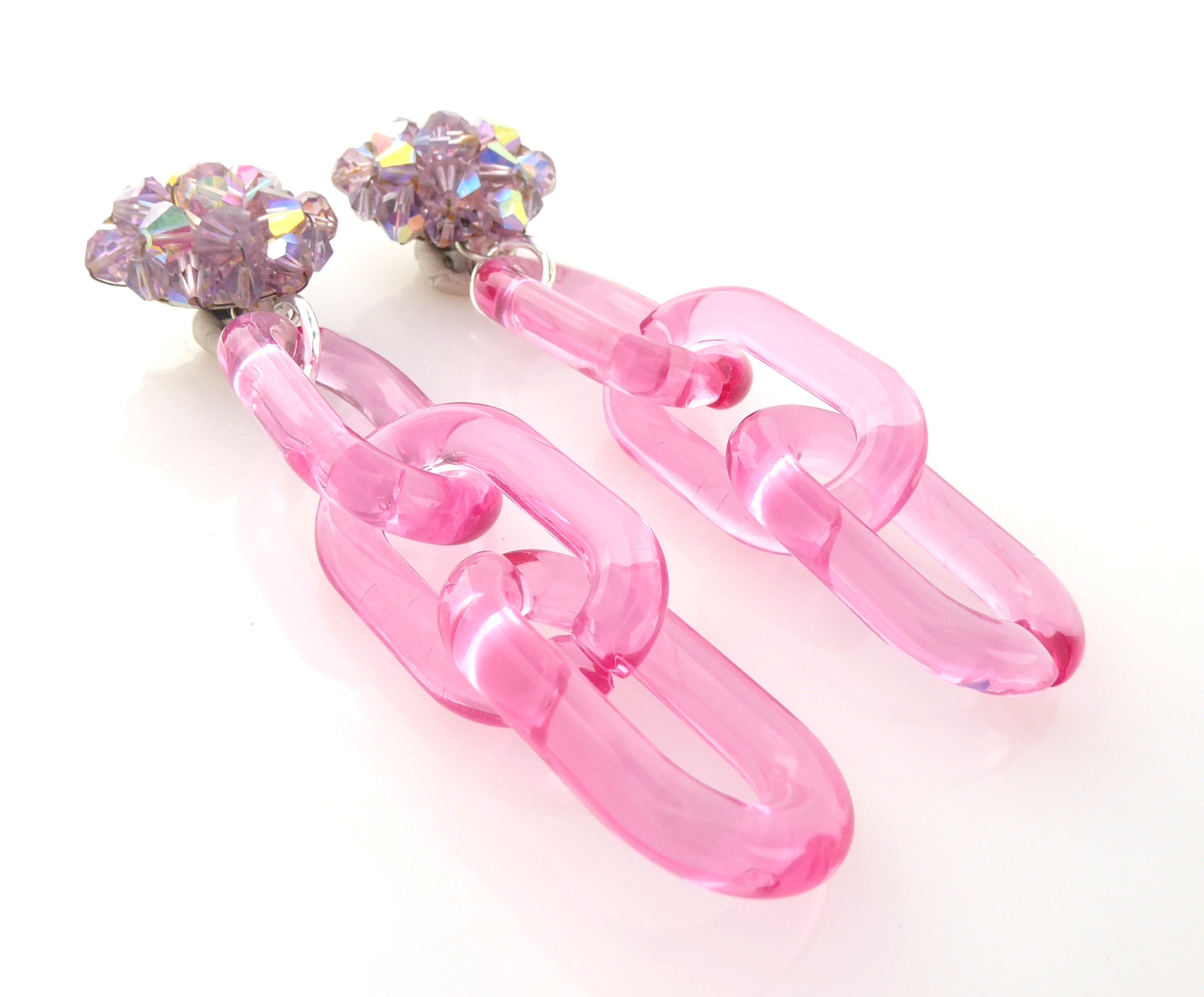 1950s light iridescent purple crystal and pink chain clip on earrings by Jenny Dayco 2