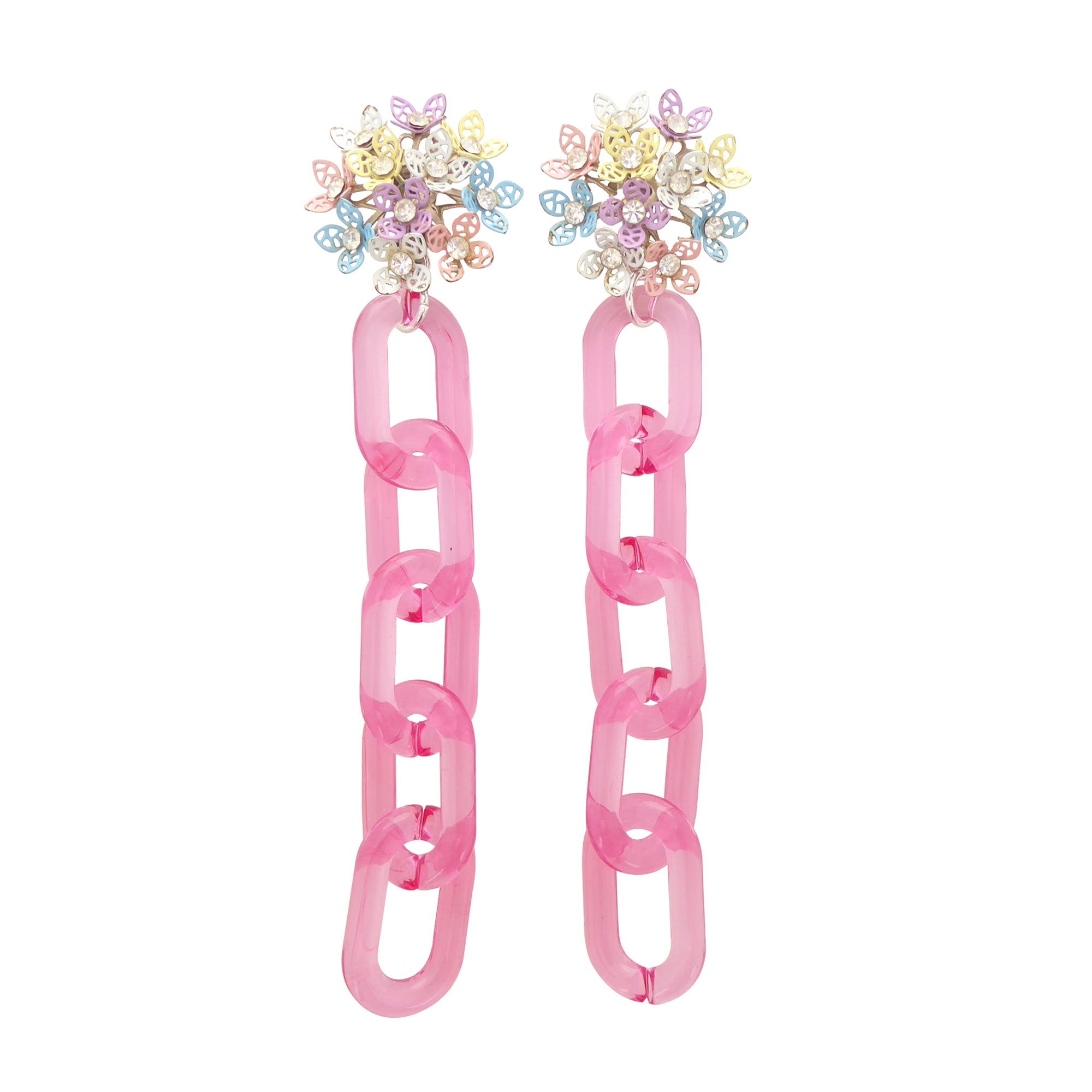 1950s pastel enamel and rhinestone flower pink chain clip on earrings by Jenny Dayco 1