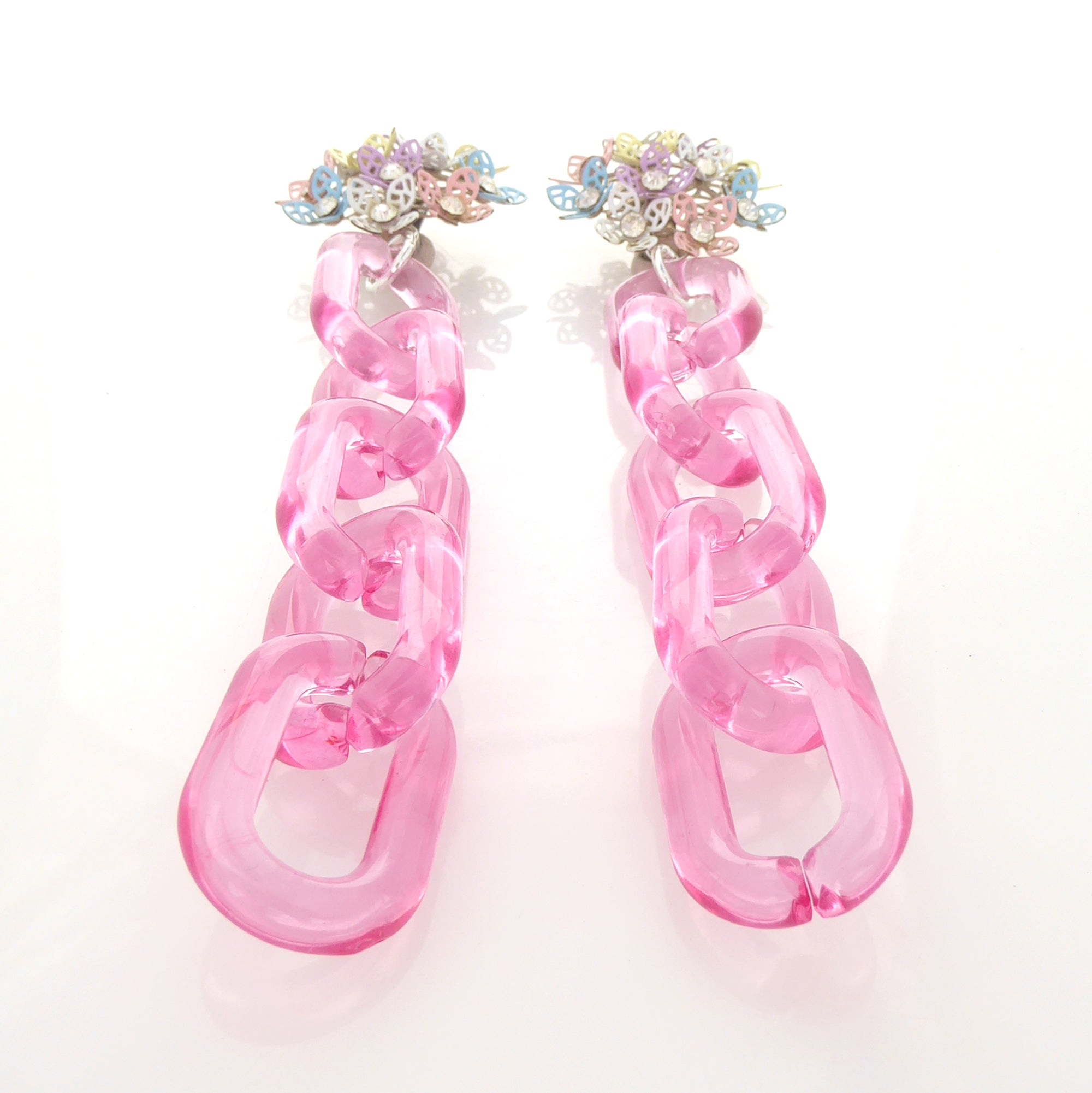 1950s pastel enamel and rhinestone flower pink chain clip on earrings by Jenny Dayco 3