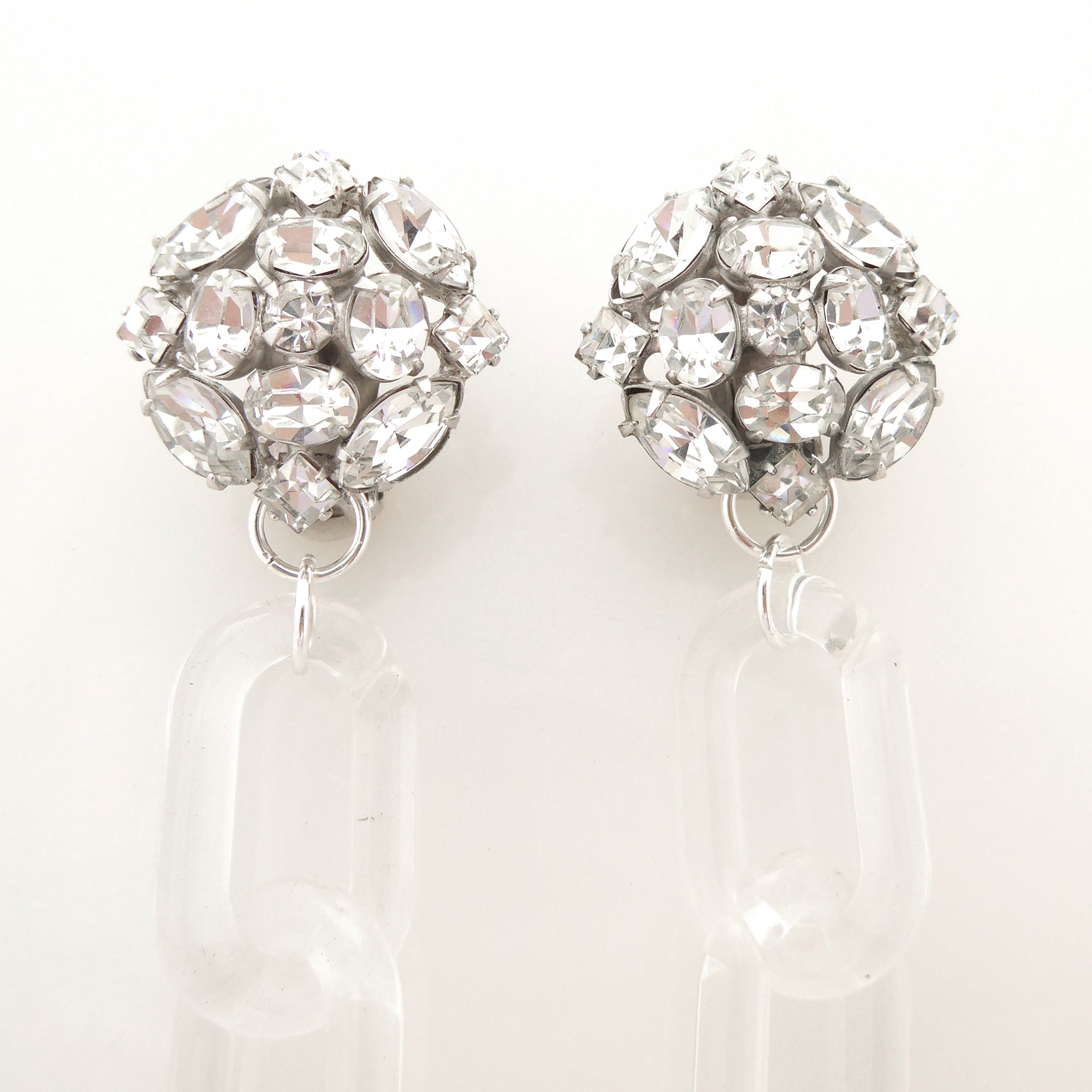 1950s silver and clear rhinestone cluster and clear chain earrings by Jenny Dayco 4