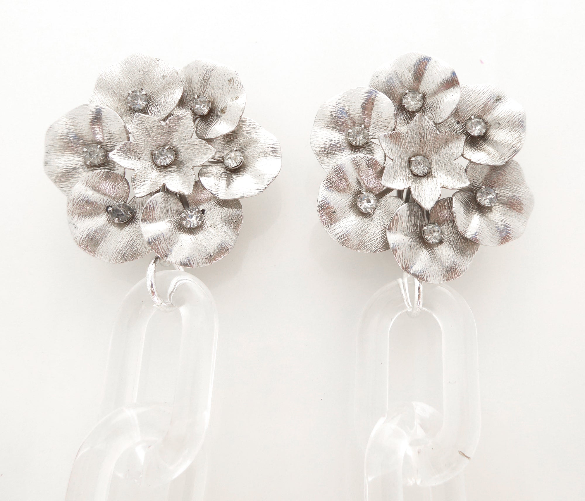 1950s silver flower petal rhinestone and clear chain earrings by Jenny Dayco 4