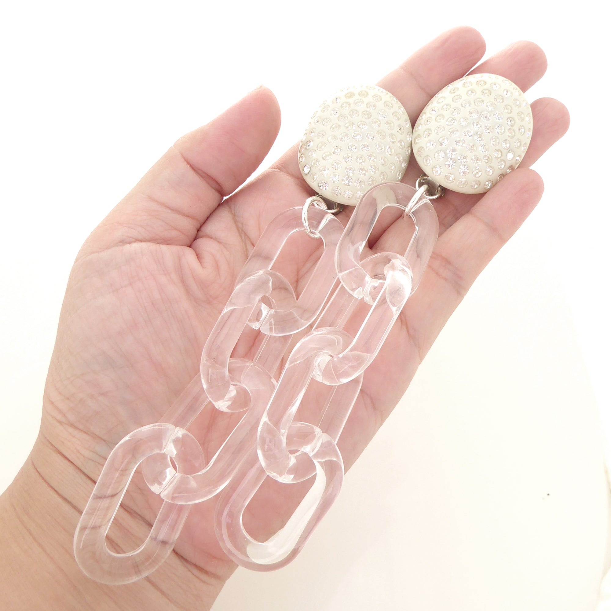 1960s Cream celluloid rhinestone and clear chain earrings by Jenny Dayco 7