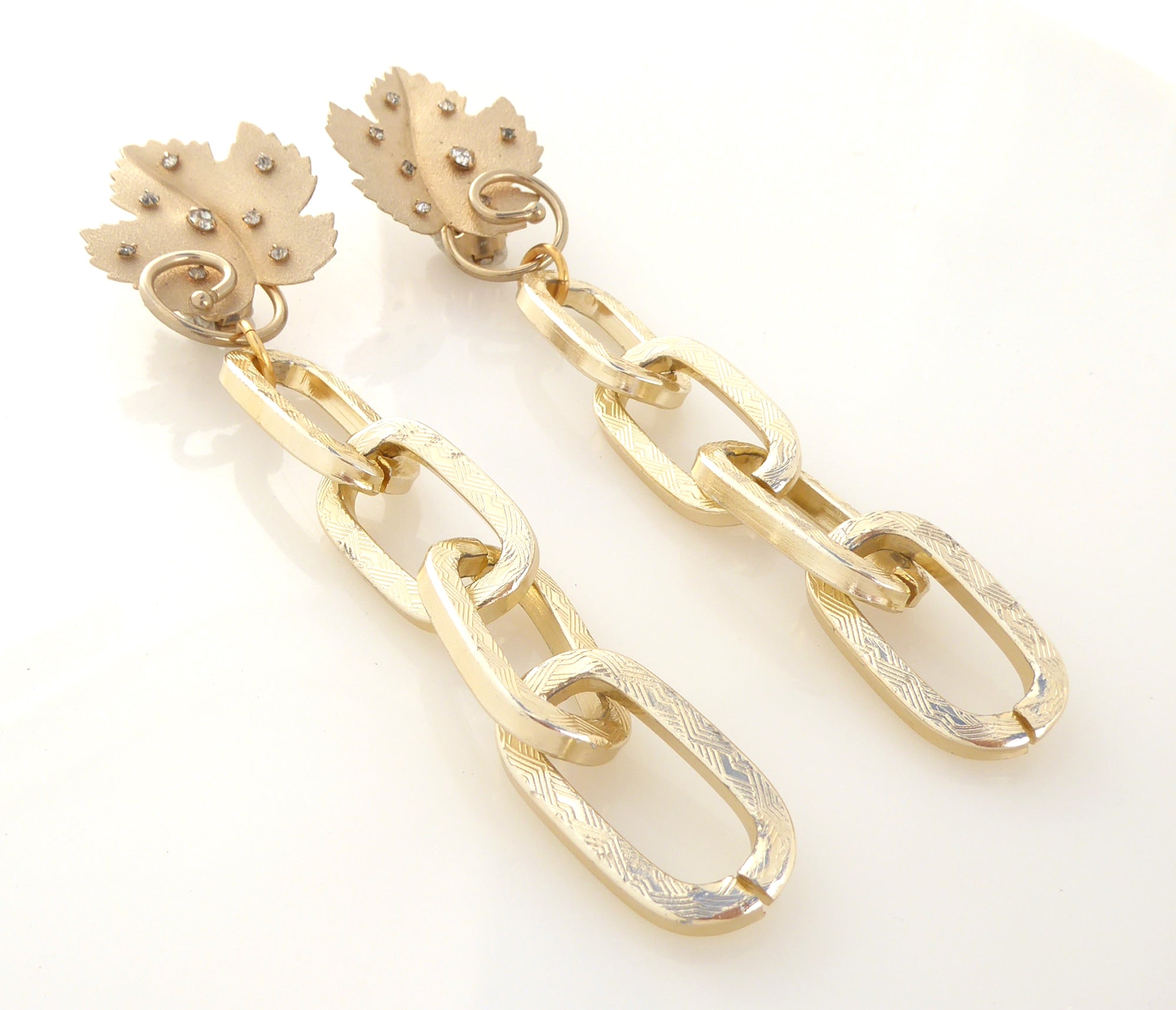 1960s Gold leaf and rhinestone clip on and chain earrings by Jenny Dayco 2
