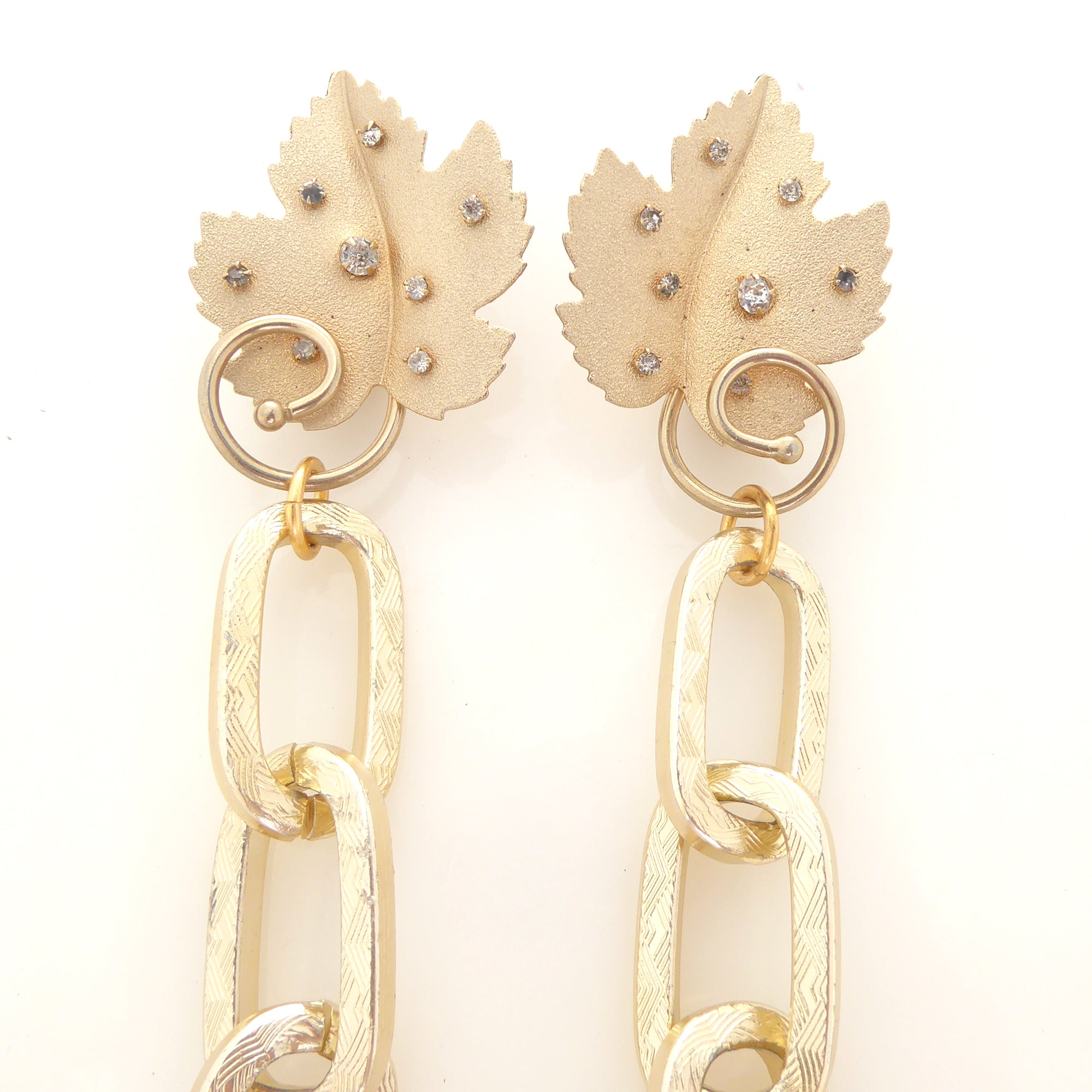 1960s Gold leaf and rhinestone clip on and chain earrings by Jenny Dayco 4