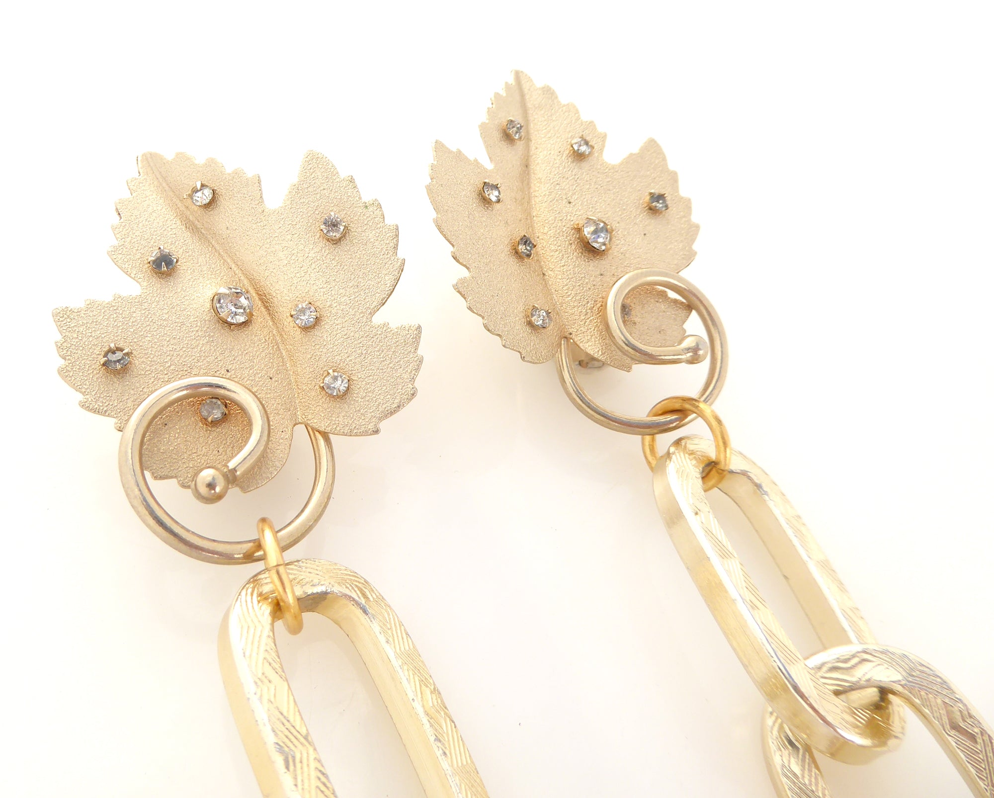 1960s Gold leaf and rhinestone clip on and chain earrings by Jenny Dayco 5