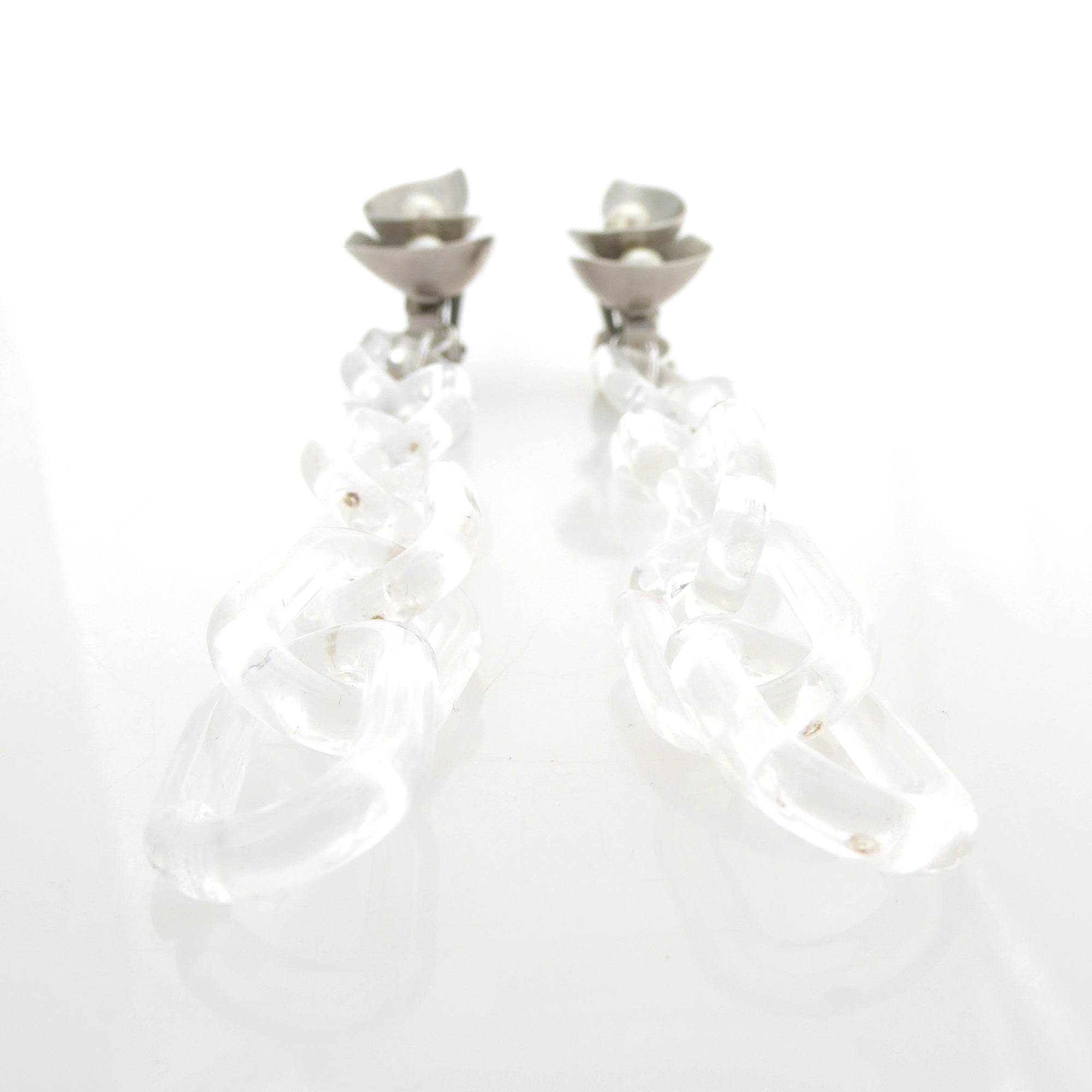1960s Silver spiral and pearl clear chain earrings by Jenny Dayco 3
