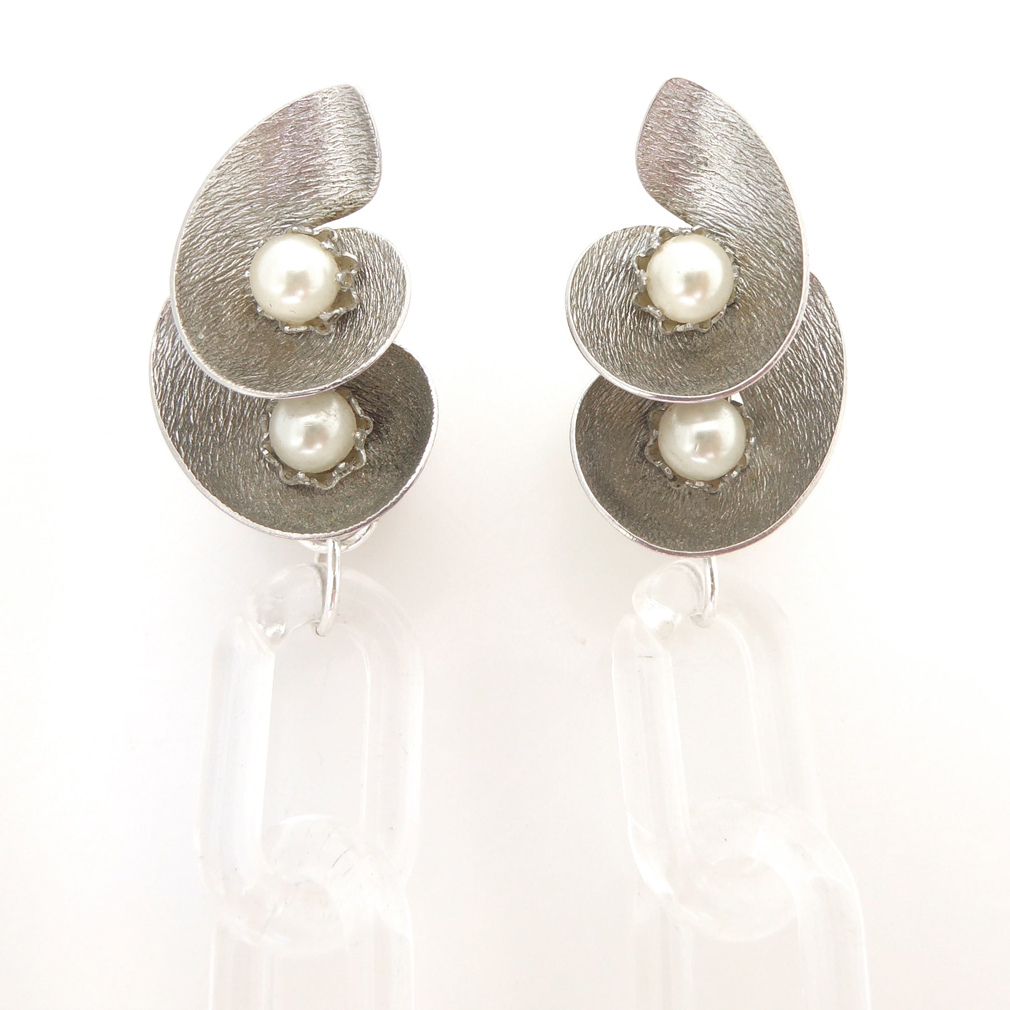 1960s Silver spiral and pearl clear chain earrings by Jenny Dayco 4