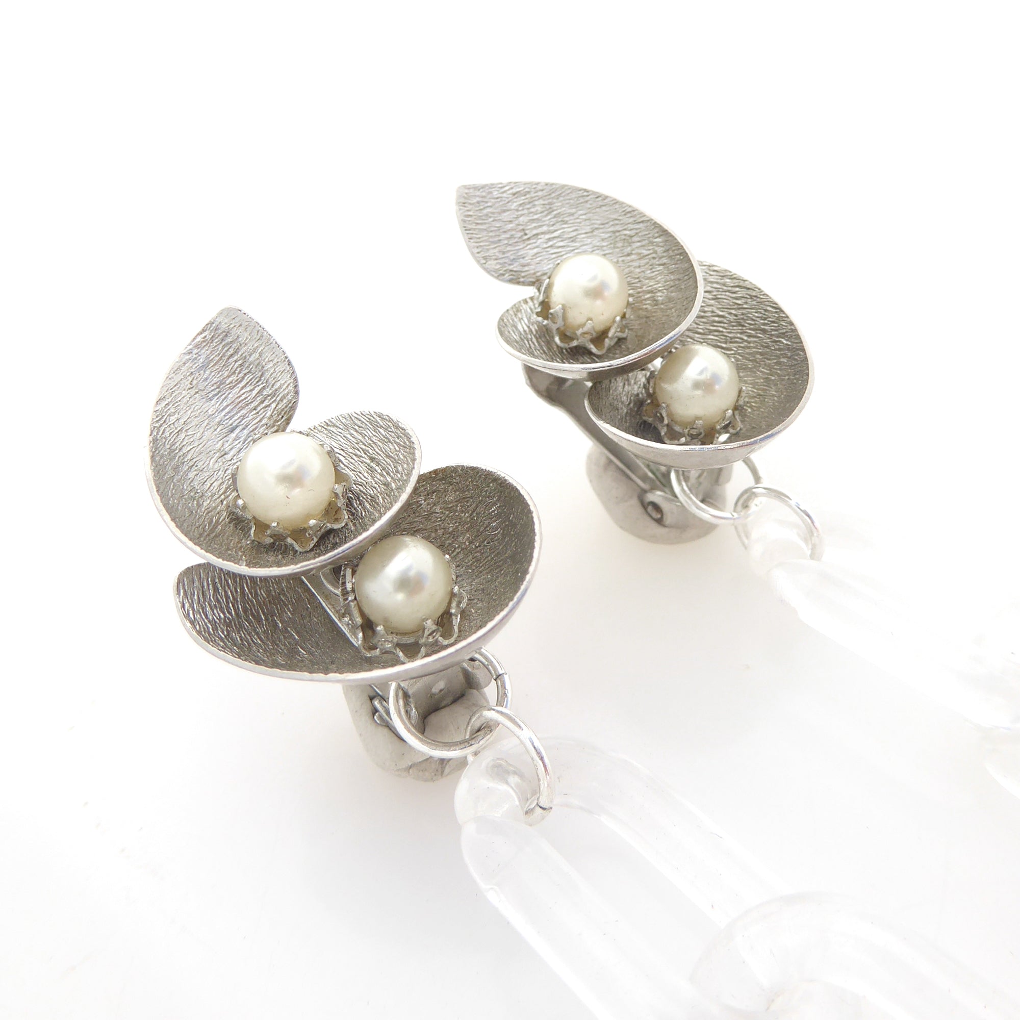 1960s Silver spiral and pearl clear chain earrings by Jenny Dayco 5