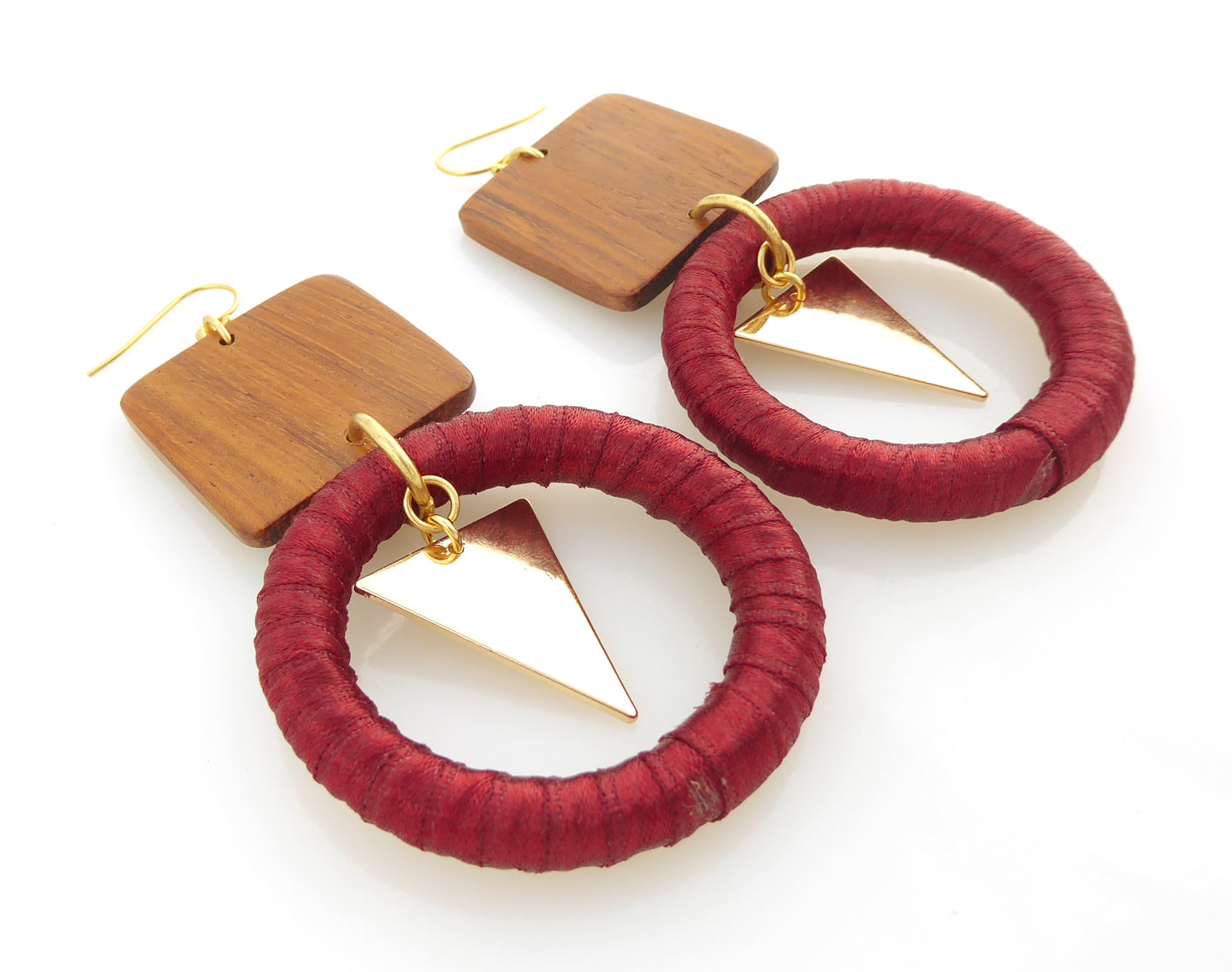 Atilda wood ribbon gold triangle earrings by Jenny Dayco 2