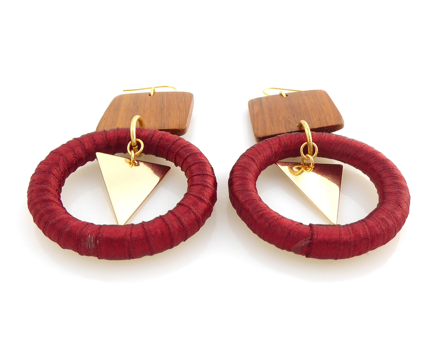 Atilda wood ribbon gold triangle earrings by Jenny Dayco 3