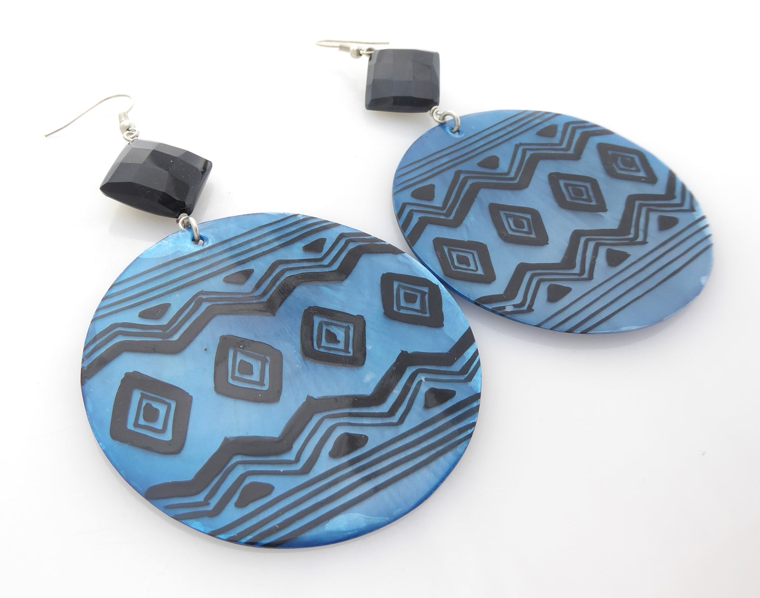 Blue geometric shell and black onyx earrings by Jenny Dayco 2